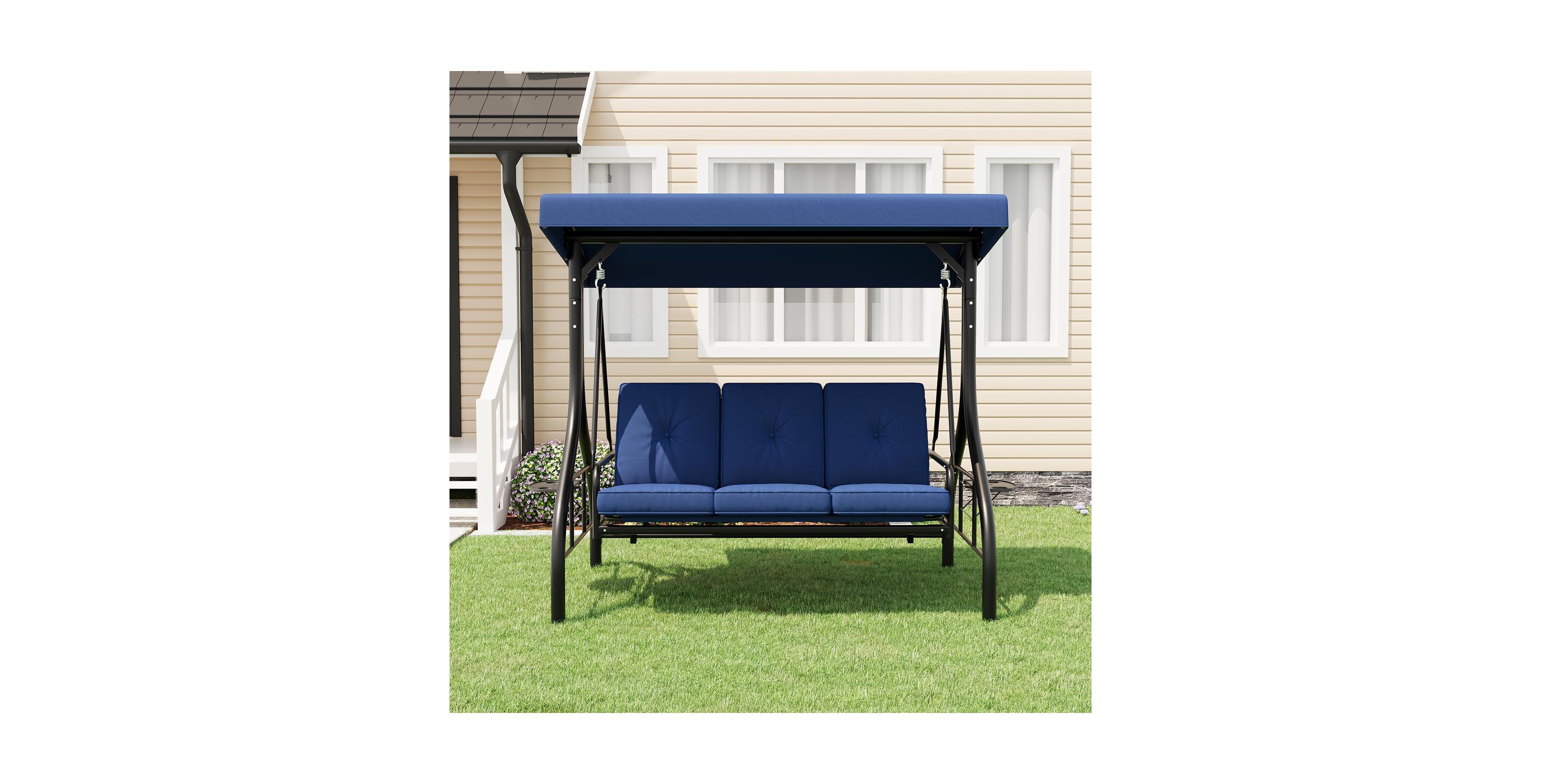 gaomon 3 Seat Outdoor Porch Swing Chair with Adjustable Canopy Convertible Swing Bed with Soft Cushions and Cup Holders