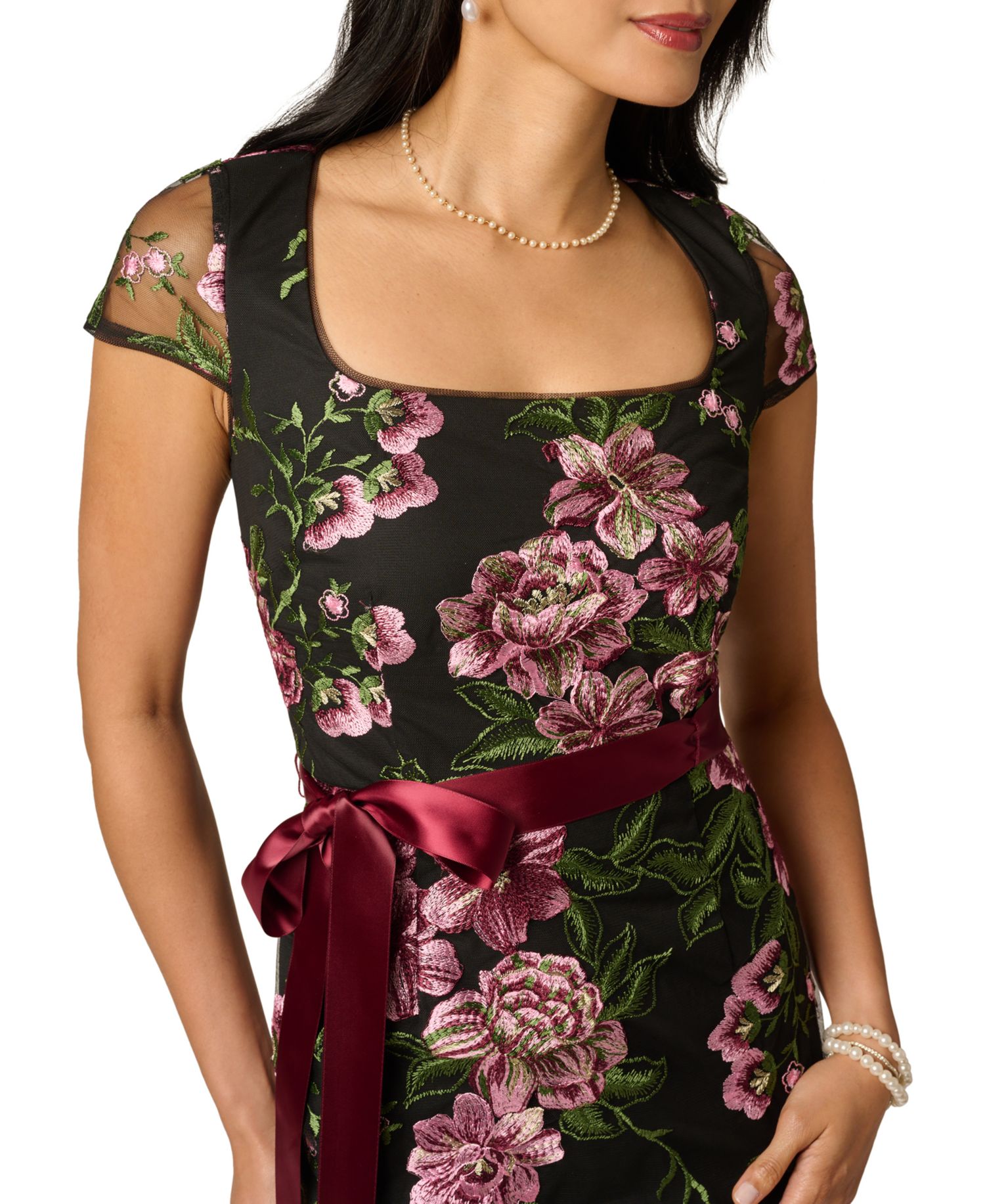 Women's Cascading Floral Column Square-Neck Gown