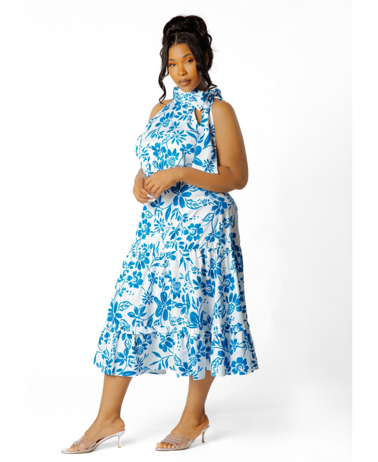 Plus Size Floral Halter Neck Midi Dress