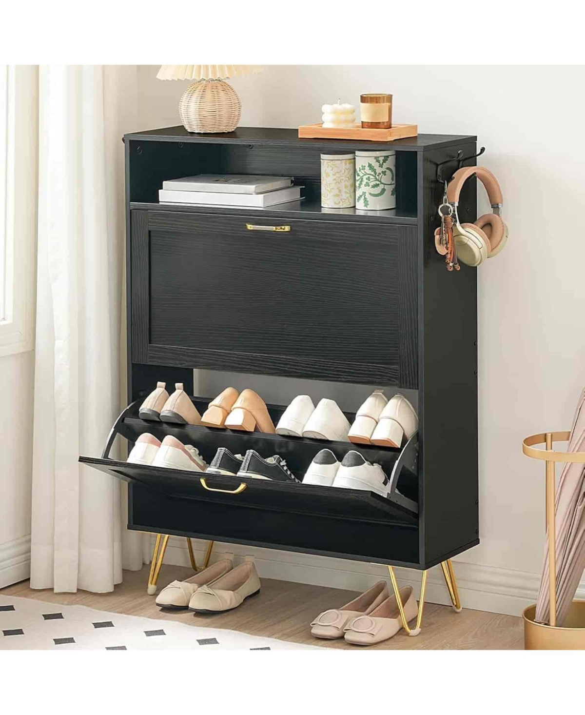 Slickblue Entryway Shoe Cabinet with 2 Flip-Down Tipping Drawers