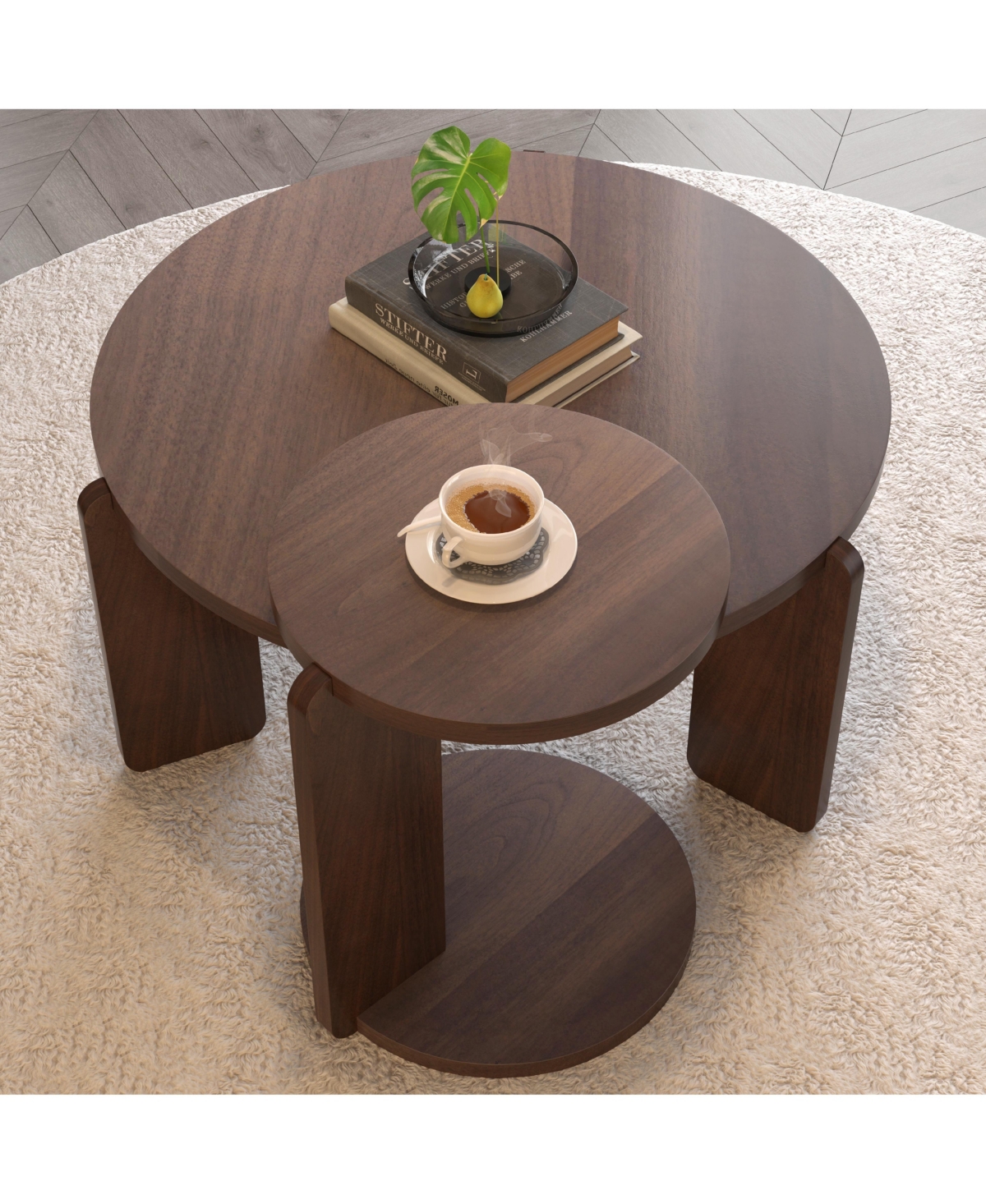 Flynama Set of 2 Walnut Veneer Nesting Round Coffee Tables, Water Resistant Pu Paint Mdf Side Table