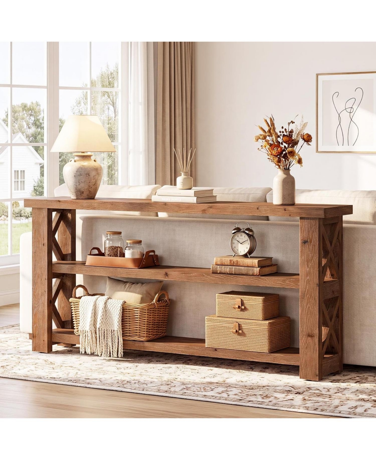 Tribesigns Solid Wood Console Table,63" Sofa Table with X-Shaped Frame