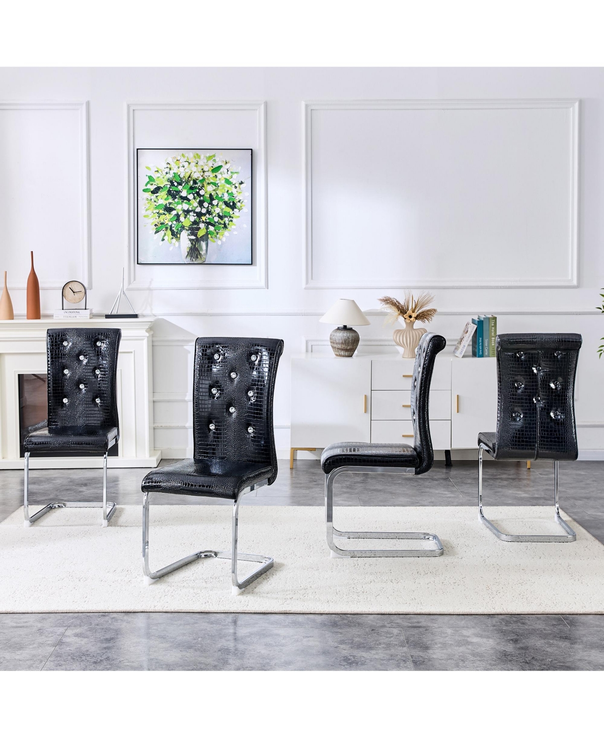 Flynama Set of 2 Retro Faux Alligator Skin Dining Chairs, Pvc Leather Chairs with Crystal Buckle and Electroplated Metal Legs