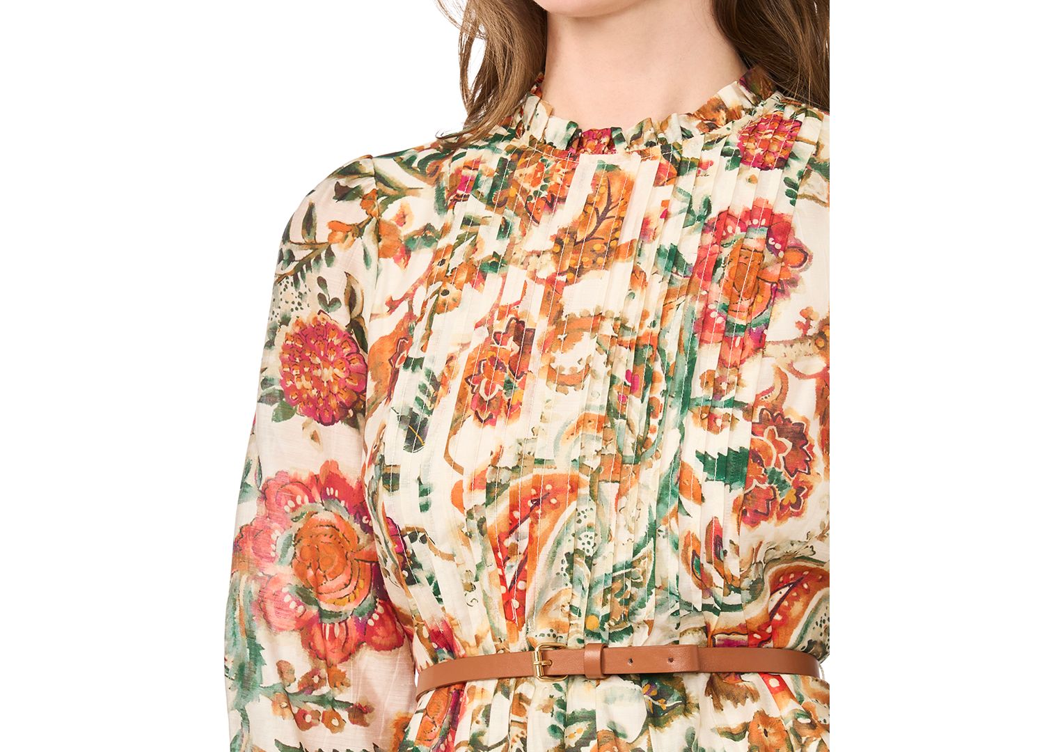 Women's Pleated Floral Long-Sleeve Mini Dress