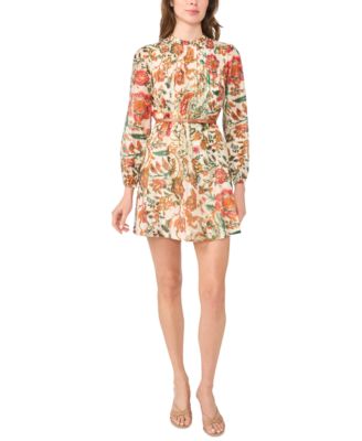 Women's Pleated Floral Long-Sleeve Mini Dress