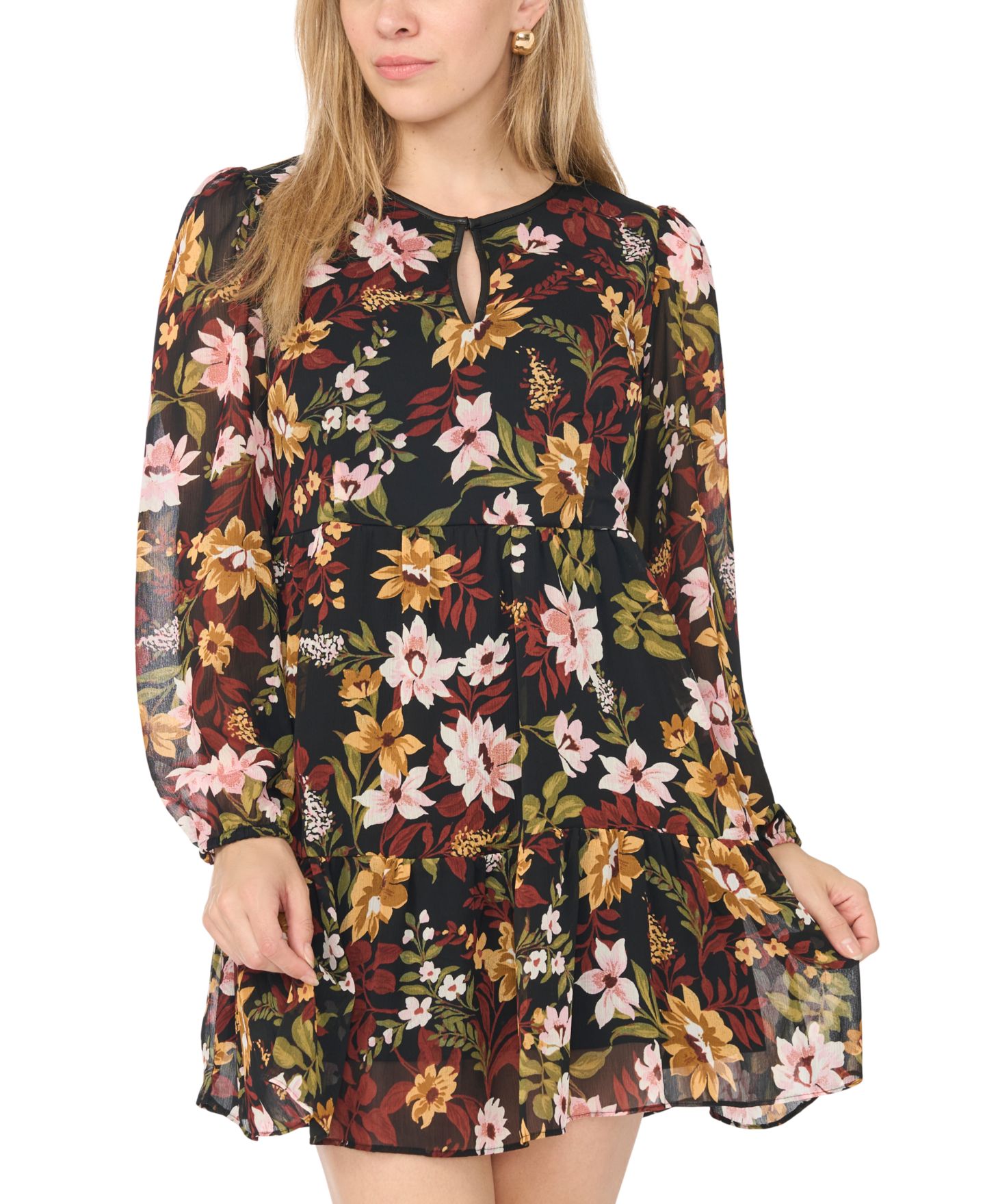 Женское платье MSK Floral Long-Sleeve Tiered Mini, цвет: Marsala — фото 2