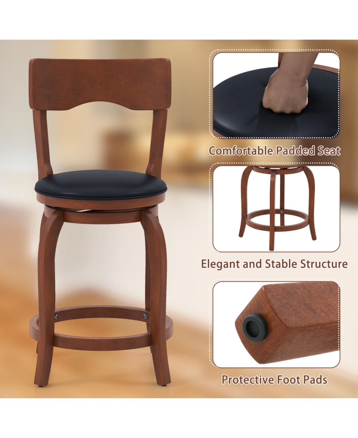 Mecale Set of 2 24-Inch Swivel Bar Stools with Upholstered Seat