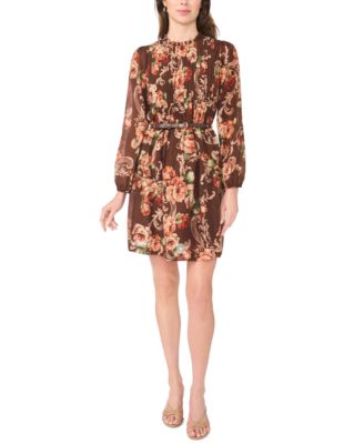 Petite Long-Sleeve Floral Fit & Flare Chiffon Dress