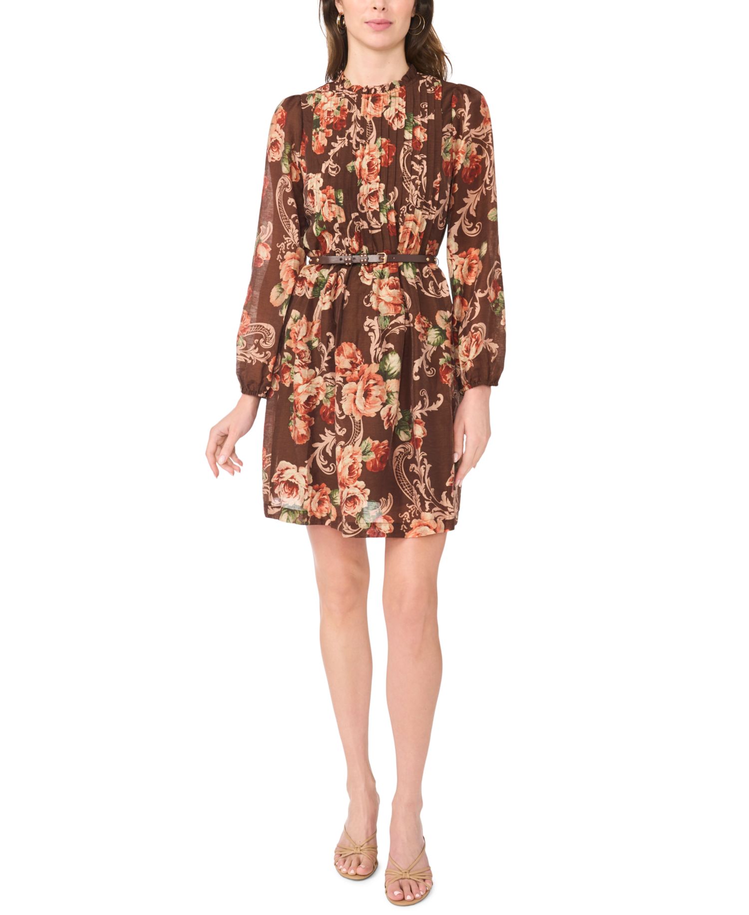 Petite Long-Sleeve Floral Fit & Flare Chiffon Dress
