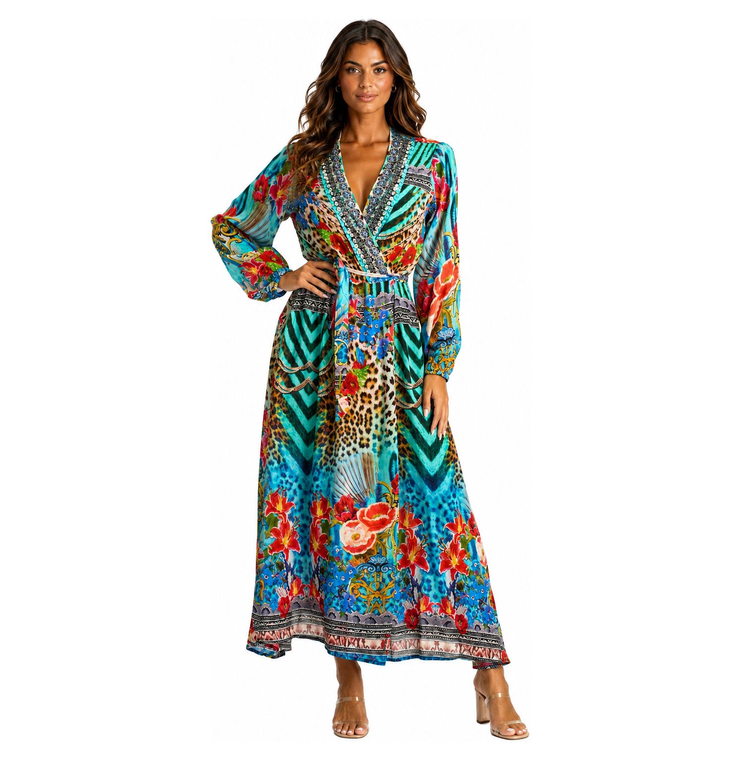 Women's Leopard-and-Floral-Print Long-Sleeve V-Neck Wrap Maxi Dress