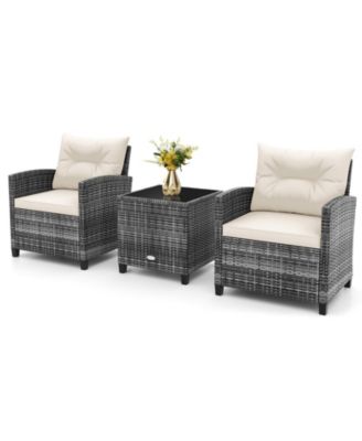 3Piece Patio Rattan Furniture Bistro Set Cushioned Sofas Side Table Armrest