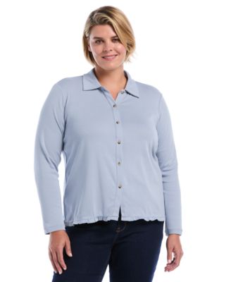 Plus Size Long-Sleeve Point Collar Ruffle-Trim Top