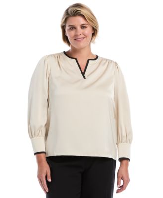 Plus Size Satin Split-Neck Long-Sleeve Blouse