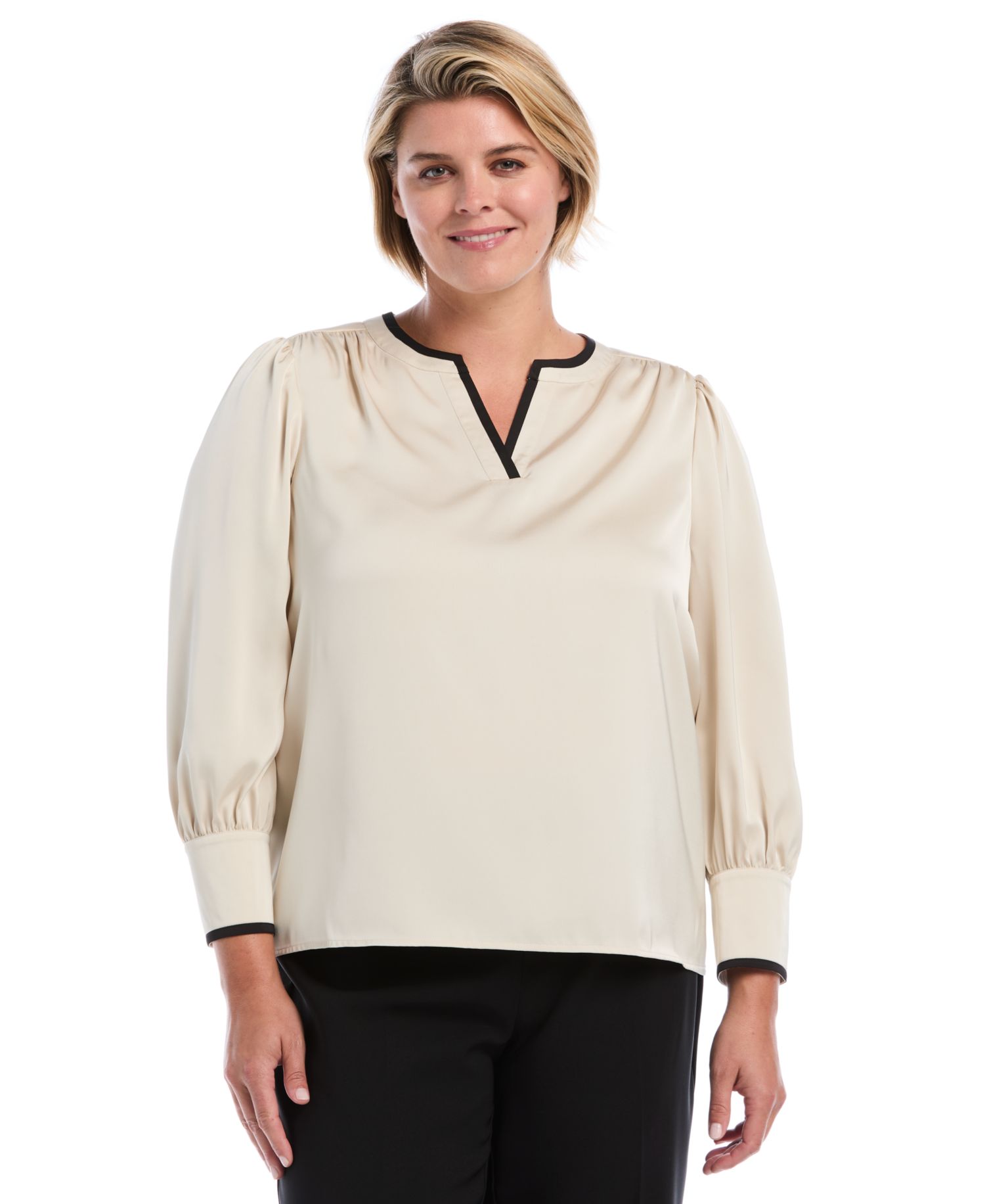 Plus Size Satin Split-Neck Long-Sleeve Blouse