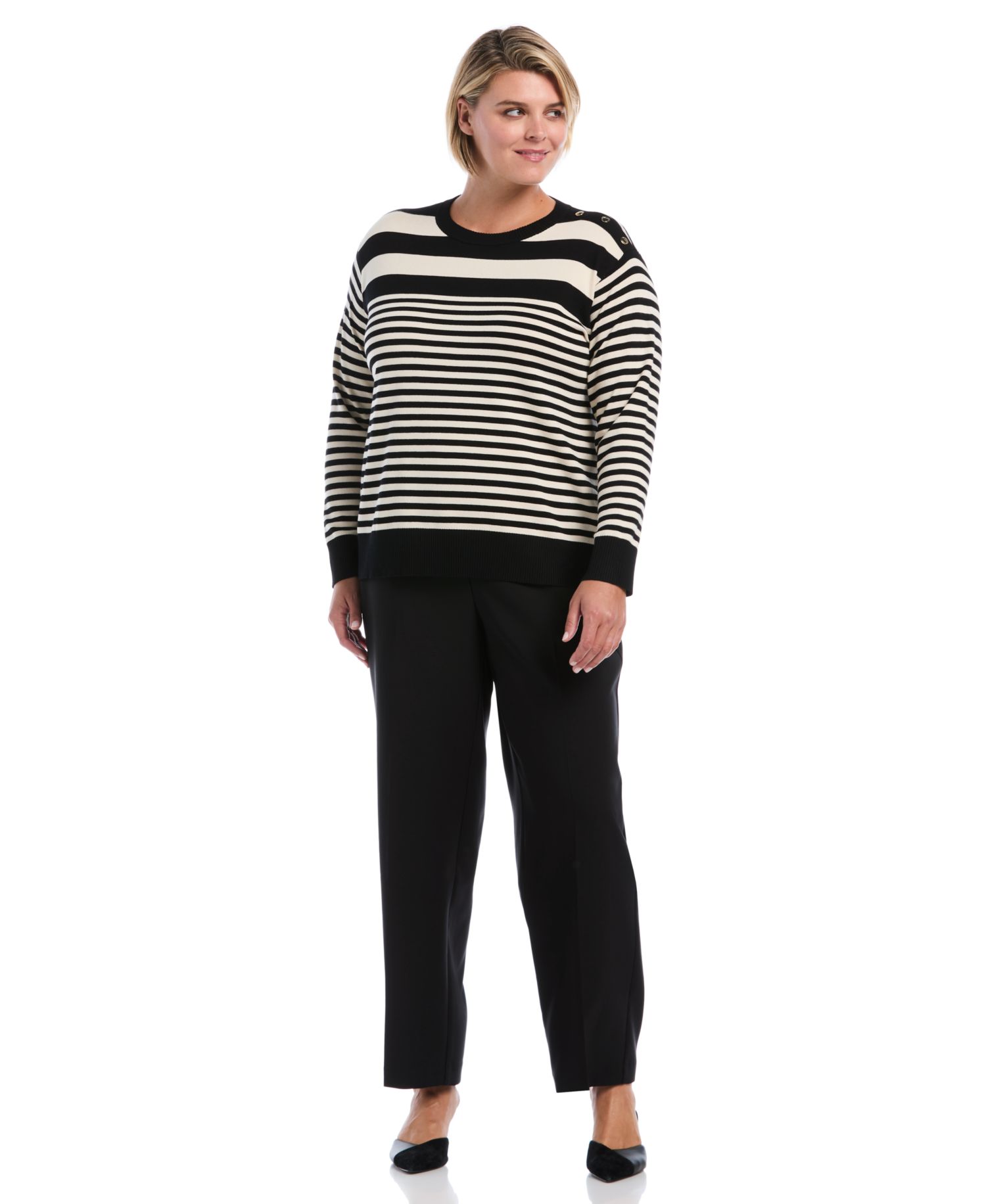 Plus Size Striped Crewneck Ribbed Trim Pullover Sweater
