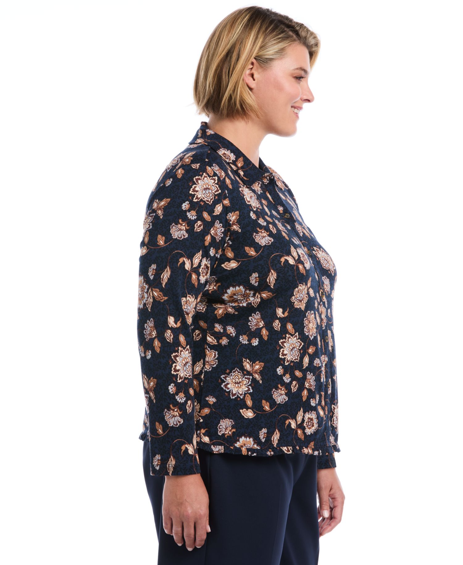 Plus Size Floral Long-Sleeve Button-Up Blouse