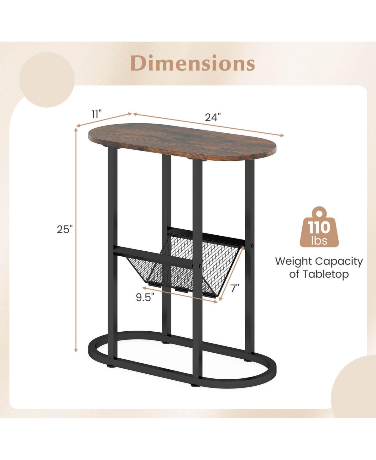 Costway 2-tier Side Table Oval Narrow End Table Nightstand Bedside Table