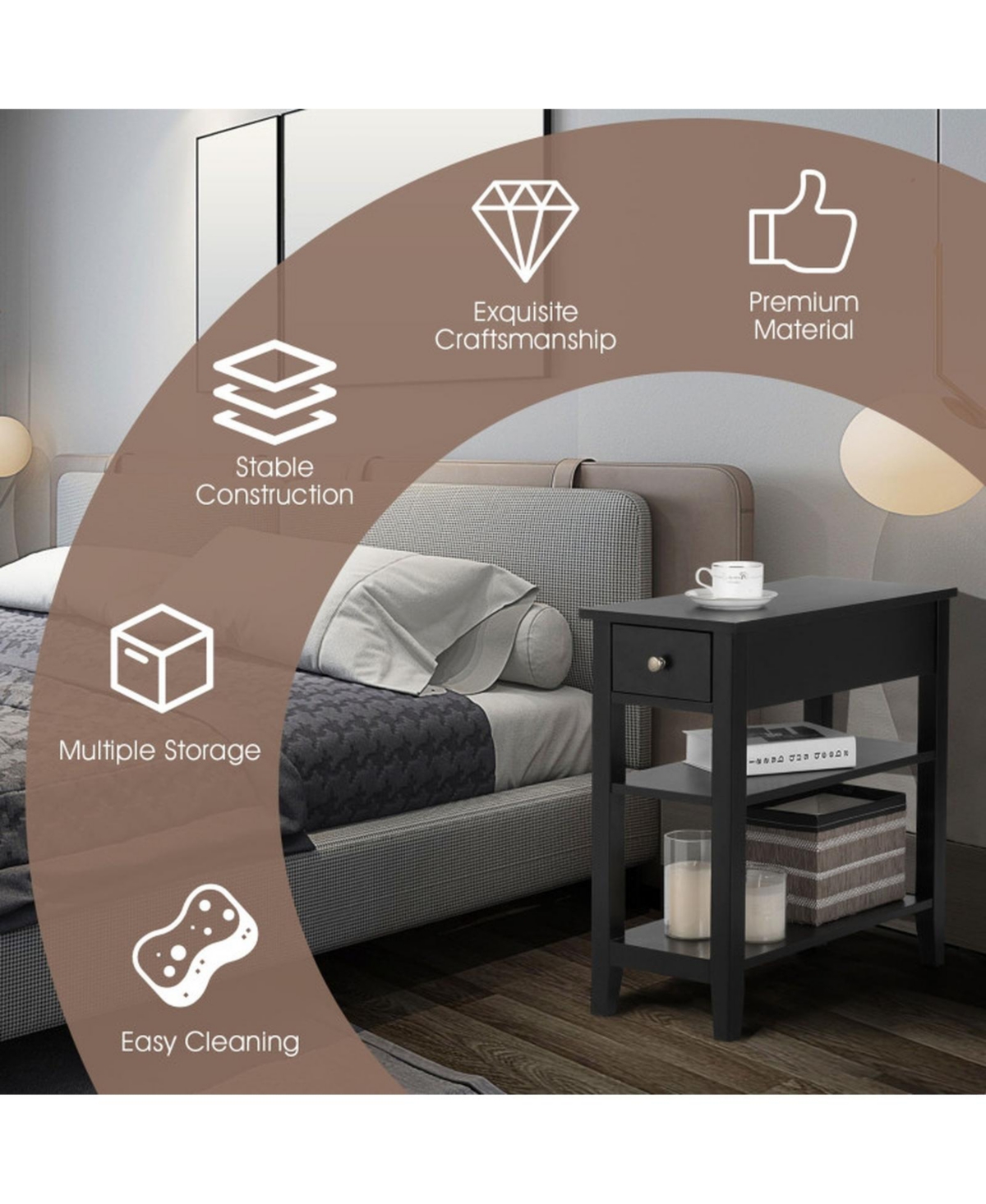 Gouun 3-Tier End Table Nightstand with Drawer and Double Open Shelves