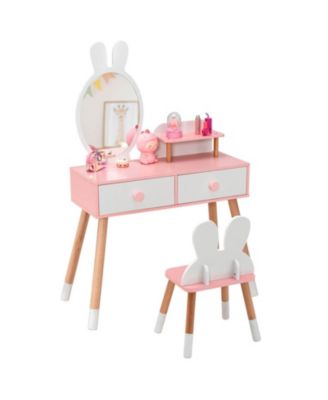 Kids Vanity Table and Chair Set with Drawer Shelf and Detachable Rabbit Mirror