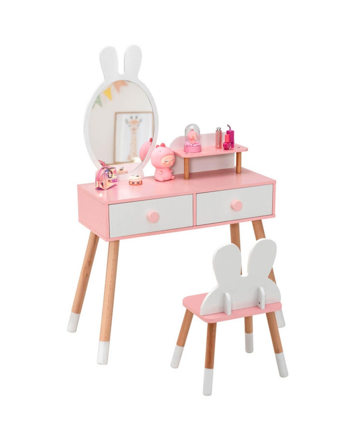 Gouun Kids Vanity Table and Chair Set with Drawer Shelf and Detachable Rabbit Mirror - White