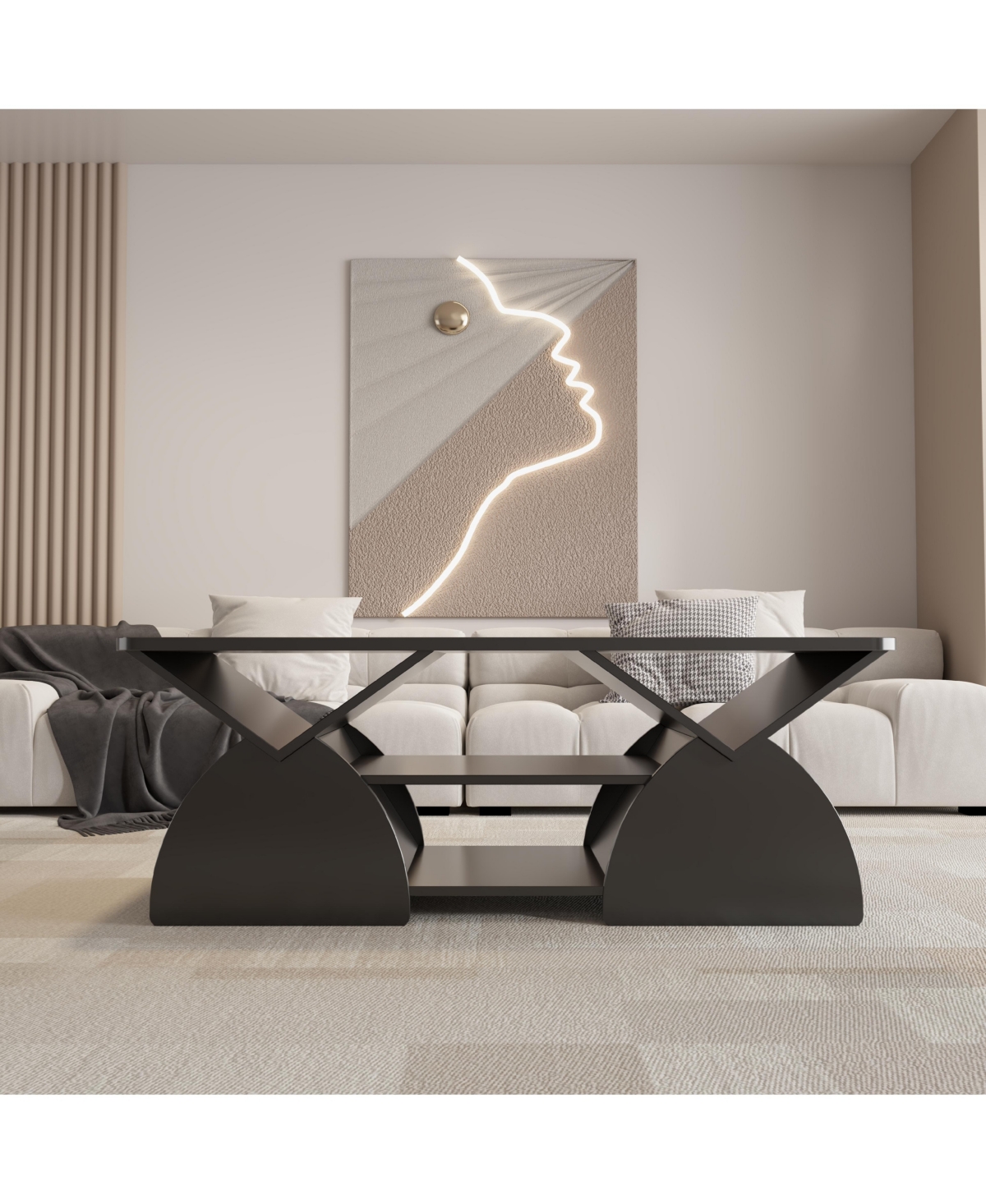 flynama Modern Rectangular Coffee Table with Storage Shelves Engineered Wood