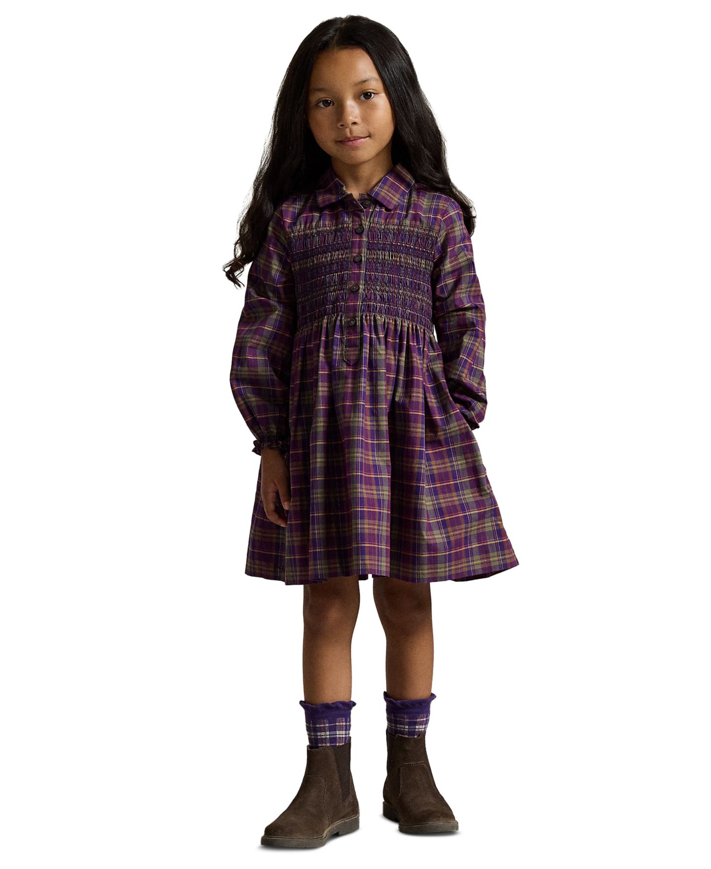 Платье Polo Ralph Lauren Floral Cotton Poplin Shirt Dress для девочек, цвет: Фиолетовый / Зелёный разноцветный клетчатый — фото 2