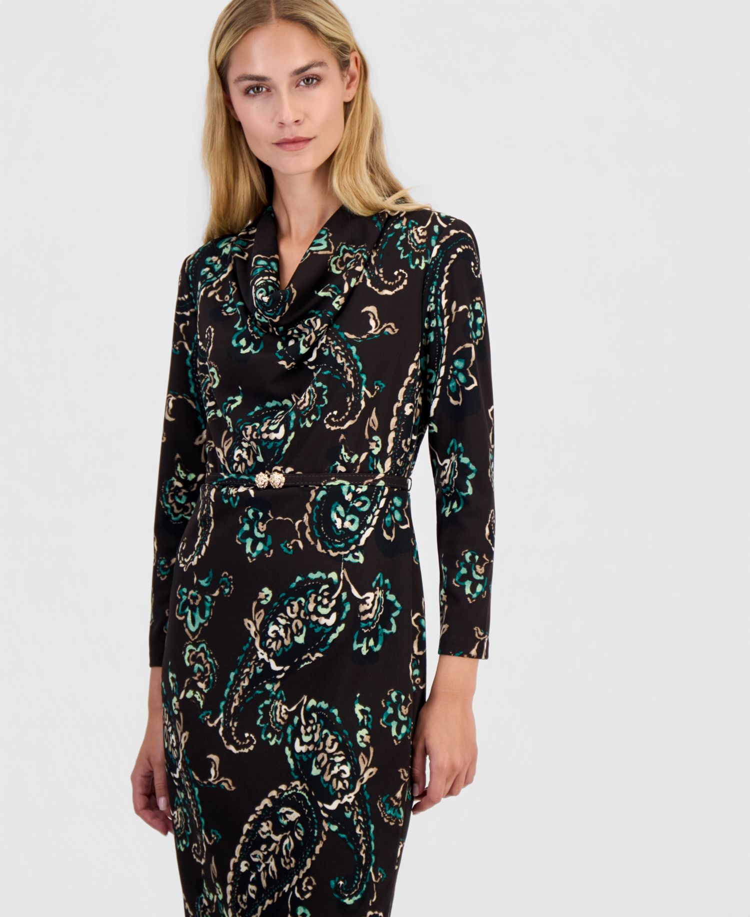 Women's Cowl Neck Sheath Long-Sleeve Paisley-Print Dress