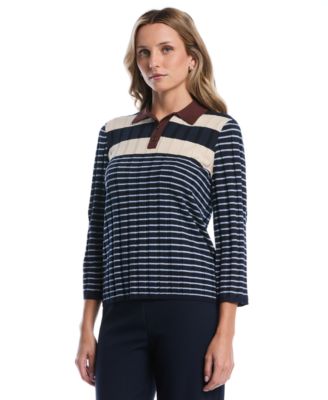 Petite Striped Polo 3/4-Sleeve Sweater