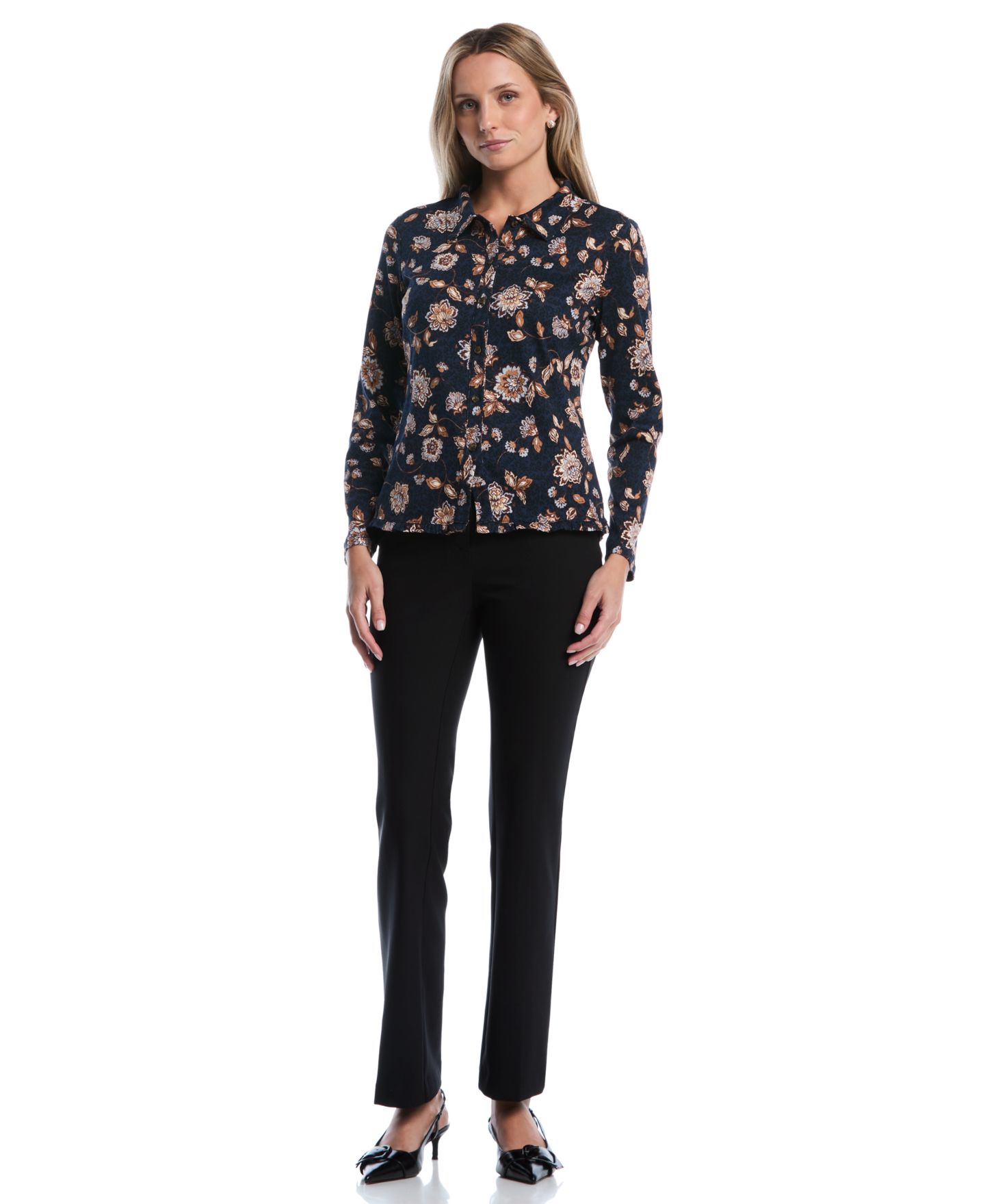 Женская блузка Rafaella Petite Floral Ruffle-Trim Long-Sleeve, цвет: Синий — фото 2