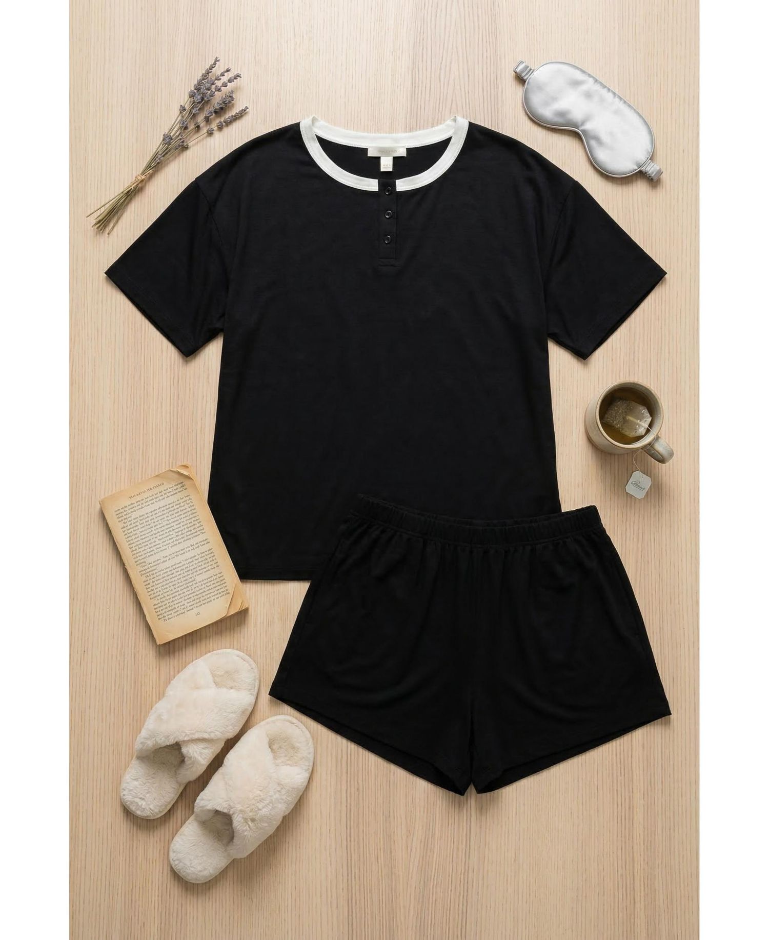 Women's Yummy Henley Short-Sleeve Ribbed-Jersey Top and Shorts Set