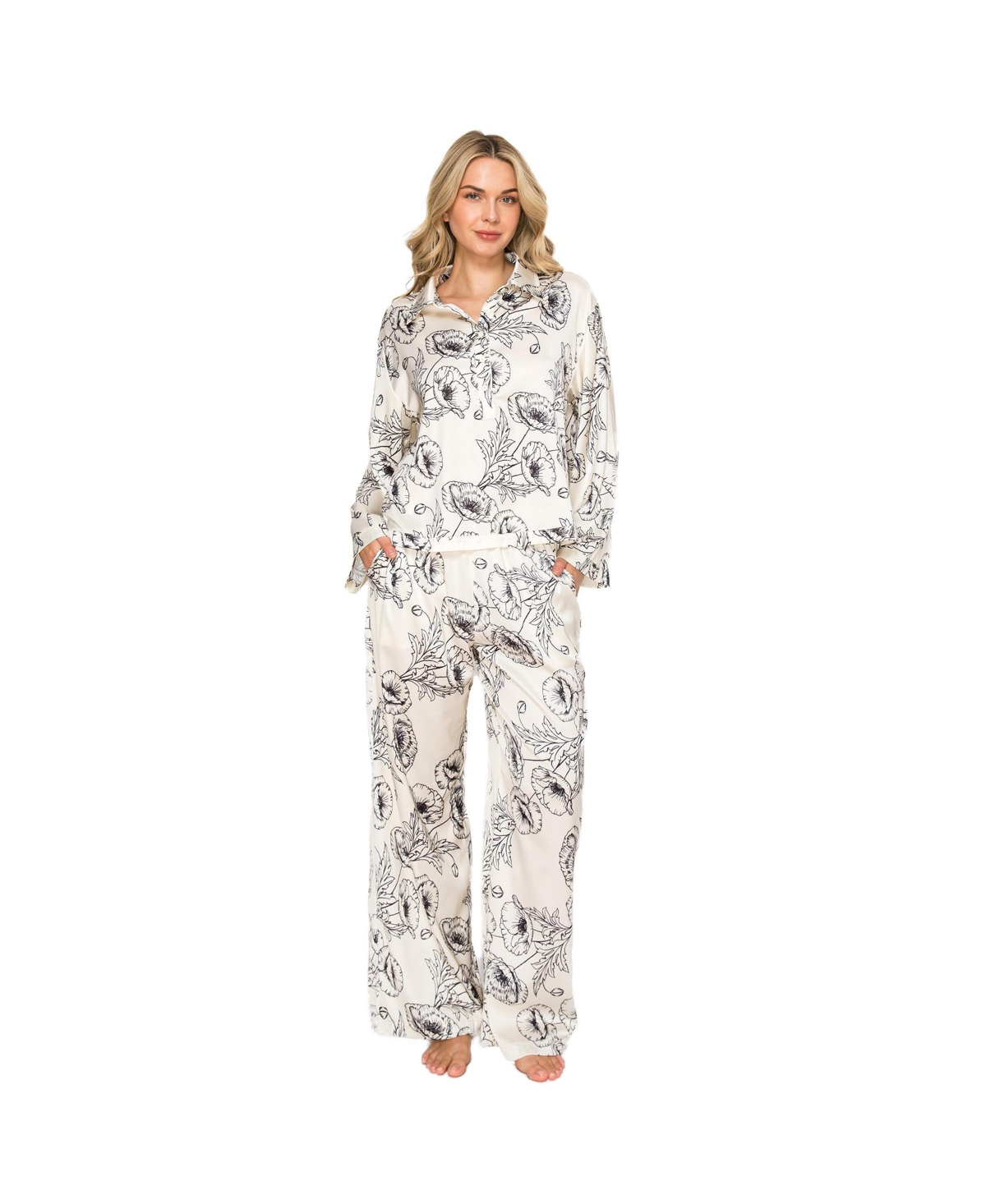 Badgley Mischka Women's Floral Silky Satin Long Sleeve and Wide Leg Pajama Set - Ivory/black