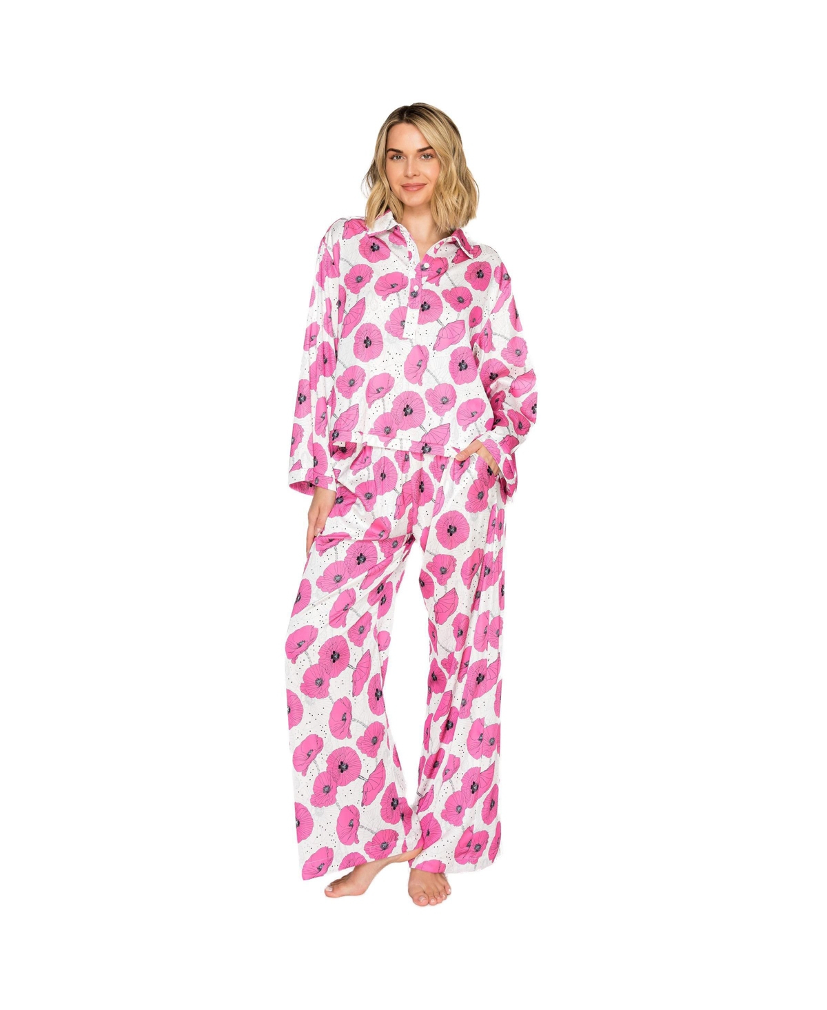 Badgley Mischka Women's Floral Silky Satin Long Sleeve and Wide Leg Pajama Set - Ivory/rose floral