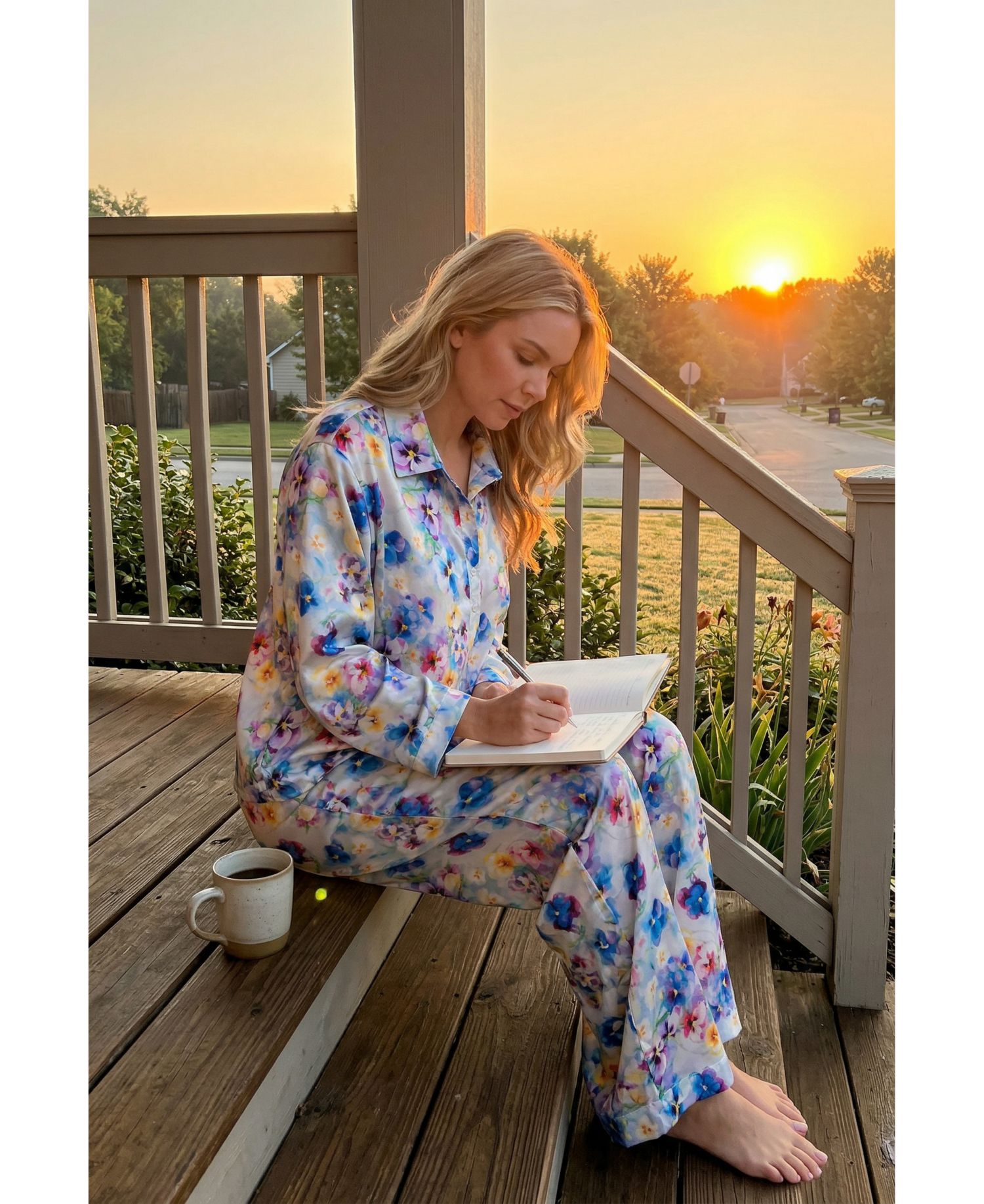 Women's Floral-Print Satin Long-Sleeve Pajama Set