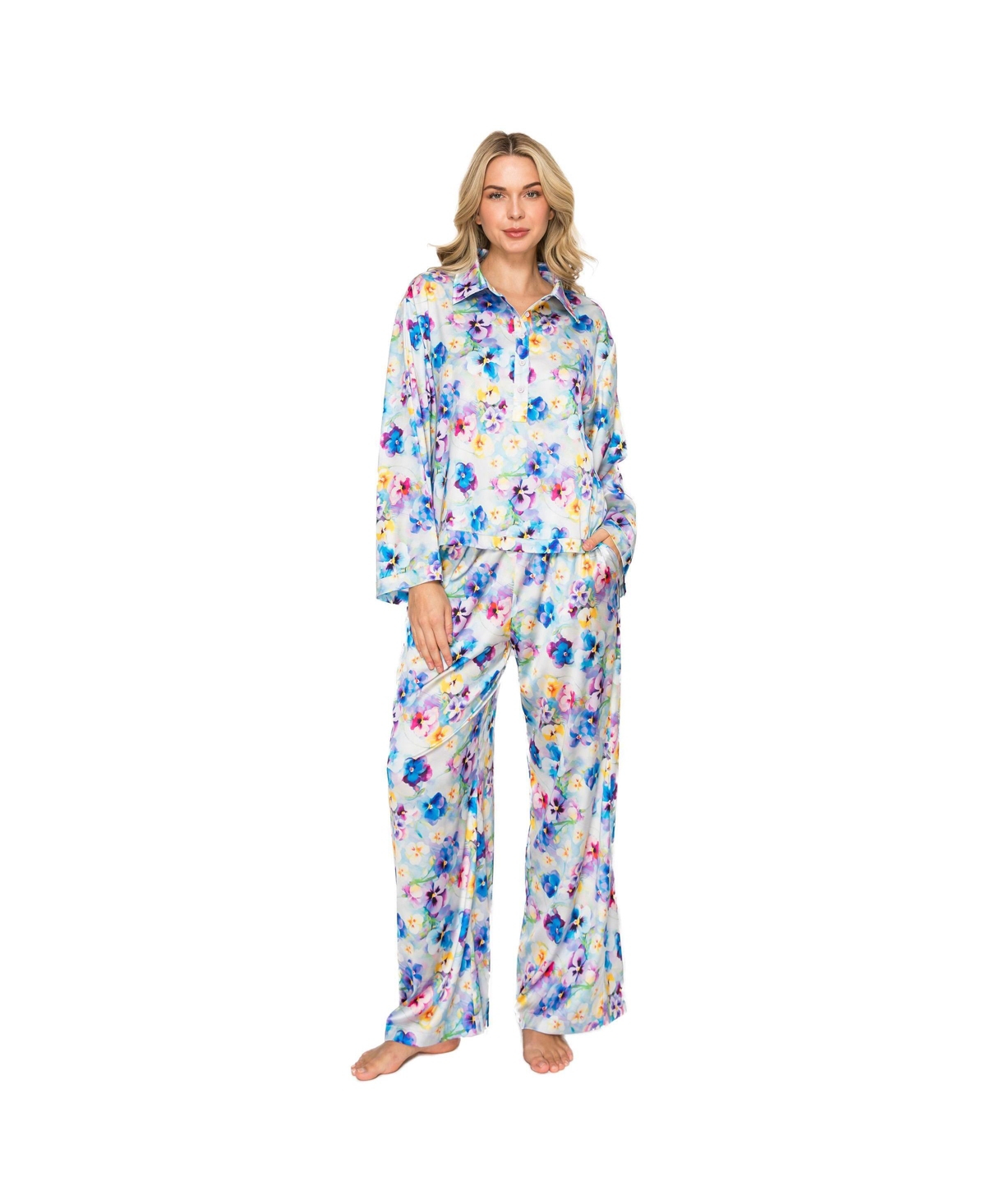 Badgley Mischka Women's Floral Silky Satin Long Sleeve and Wide Leg Pajama Set - Blue floral