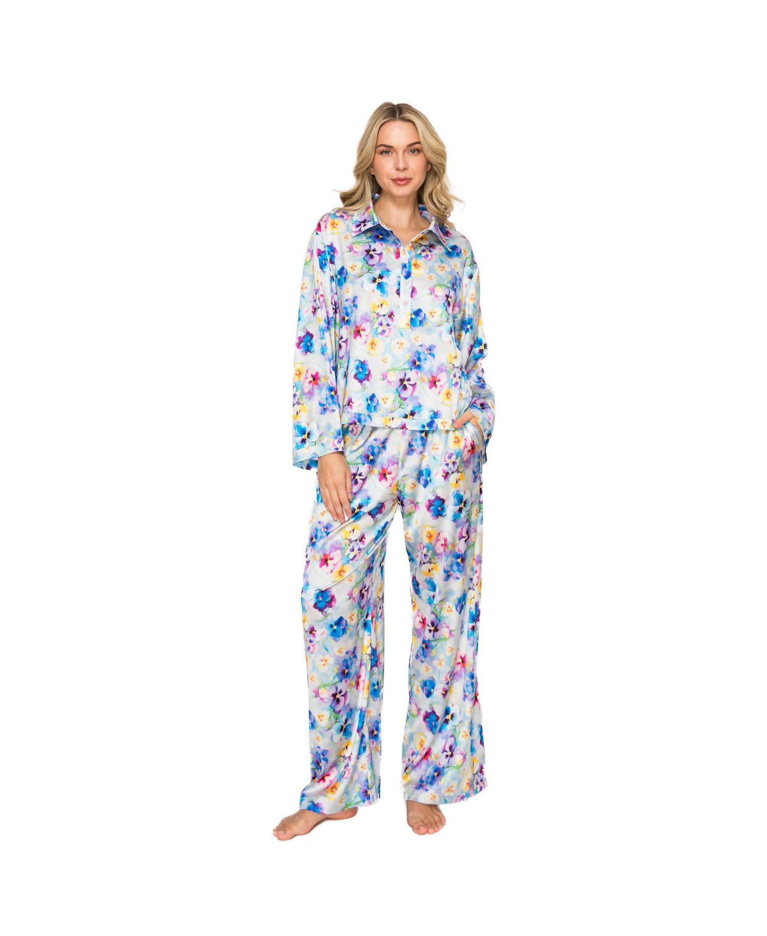 Women's Floral-Print Satin Long-Sleeve Pajama Set