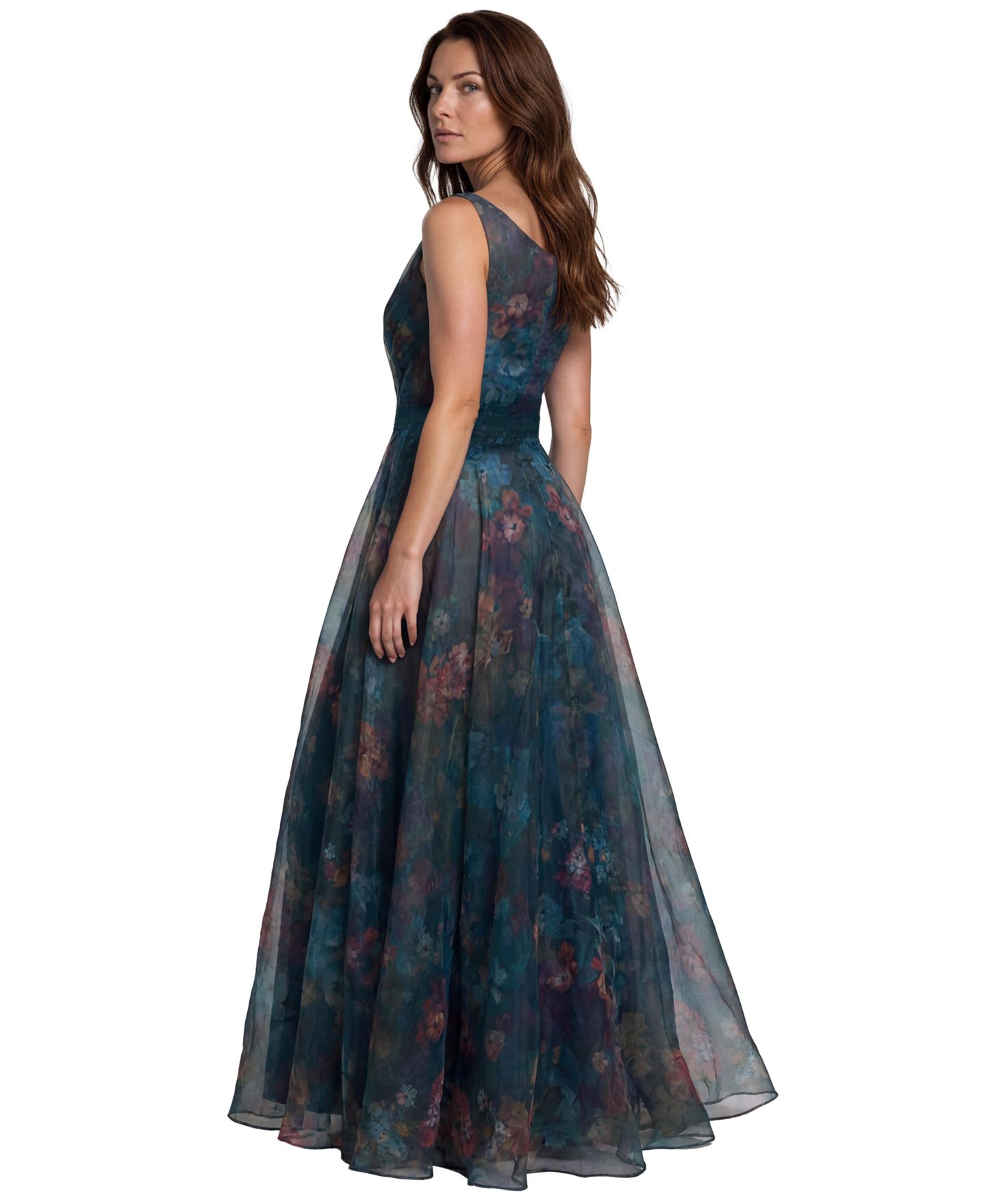 Женские платья Rene Ruiz Occasion V-Neck Floral-Print A-Line Gown, цвет: Зелёный разноцветный — фото 3