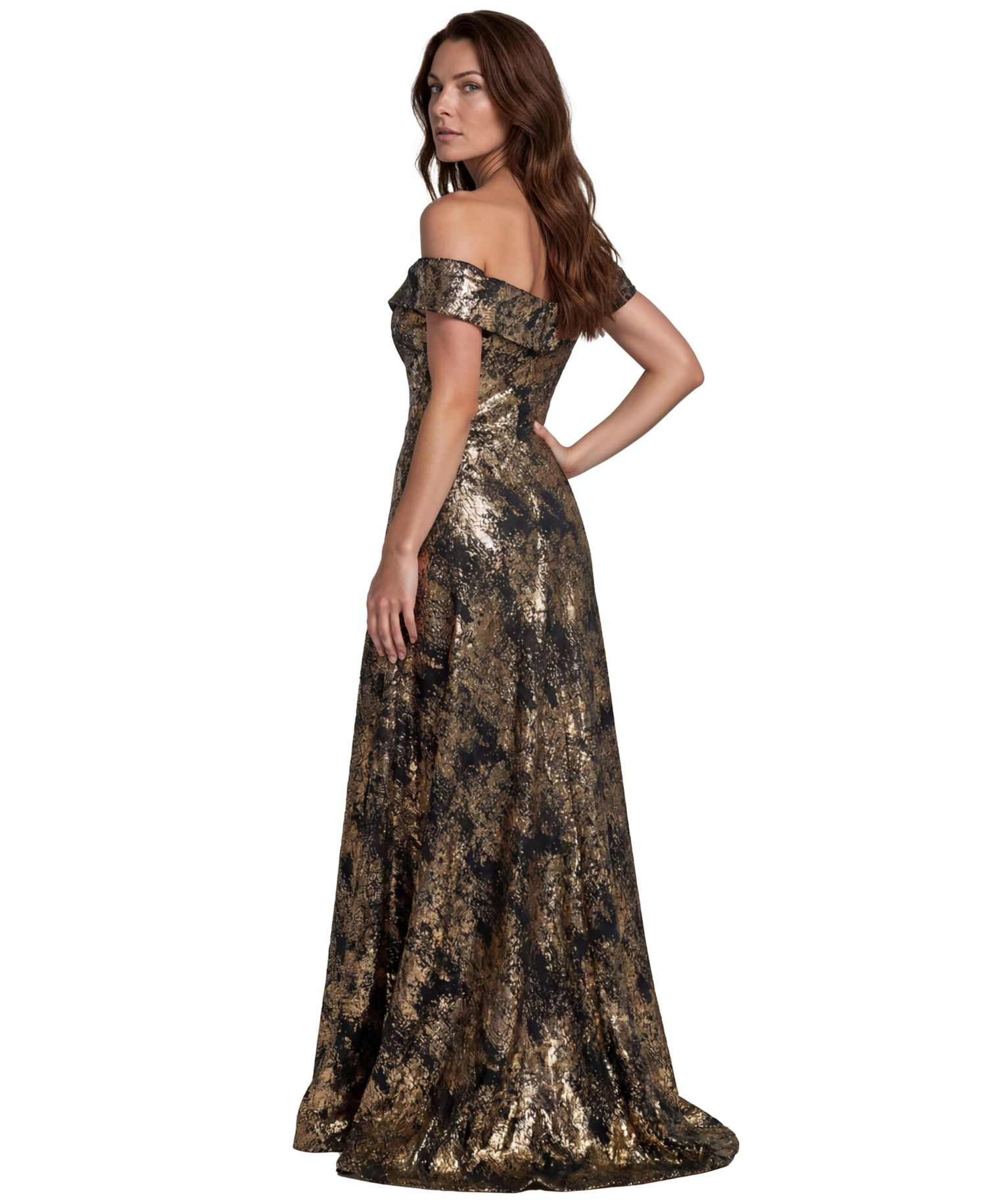 Women's Off-the-Shoulder Metallic Jacquard Draped Gown