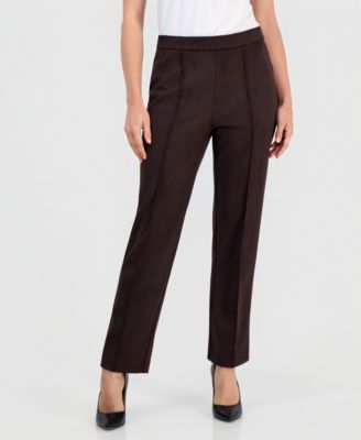 Petite Faux Suede Pull-On Straight-Leg Pintuck Pants