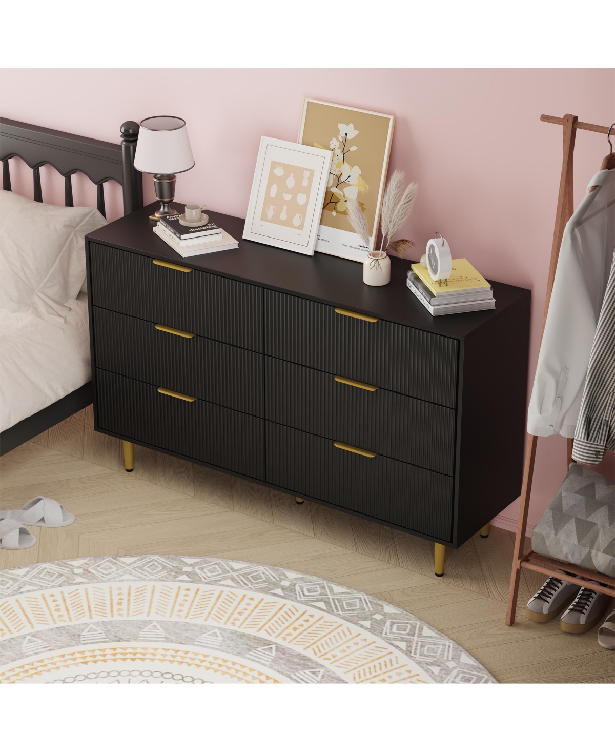 homfan 6 Drawer Fluted Dresser Furniture, Wooden Chest of Drawers with Metal Handle, Modern Wide for Living Room, Bedroom, or Hallway