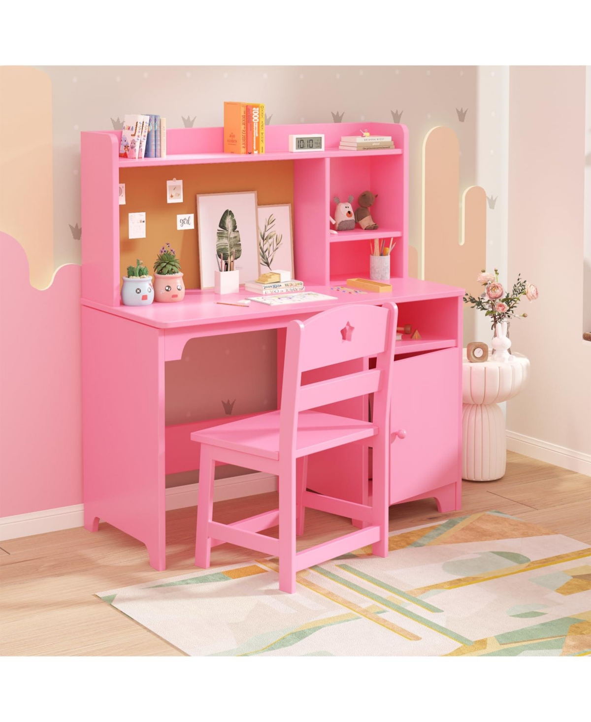 homfan Kids Desk and Chair Set with Hutch, Wooden Writing Table Storage Cabinet for Bedroom, Study Room, Computer Workstation