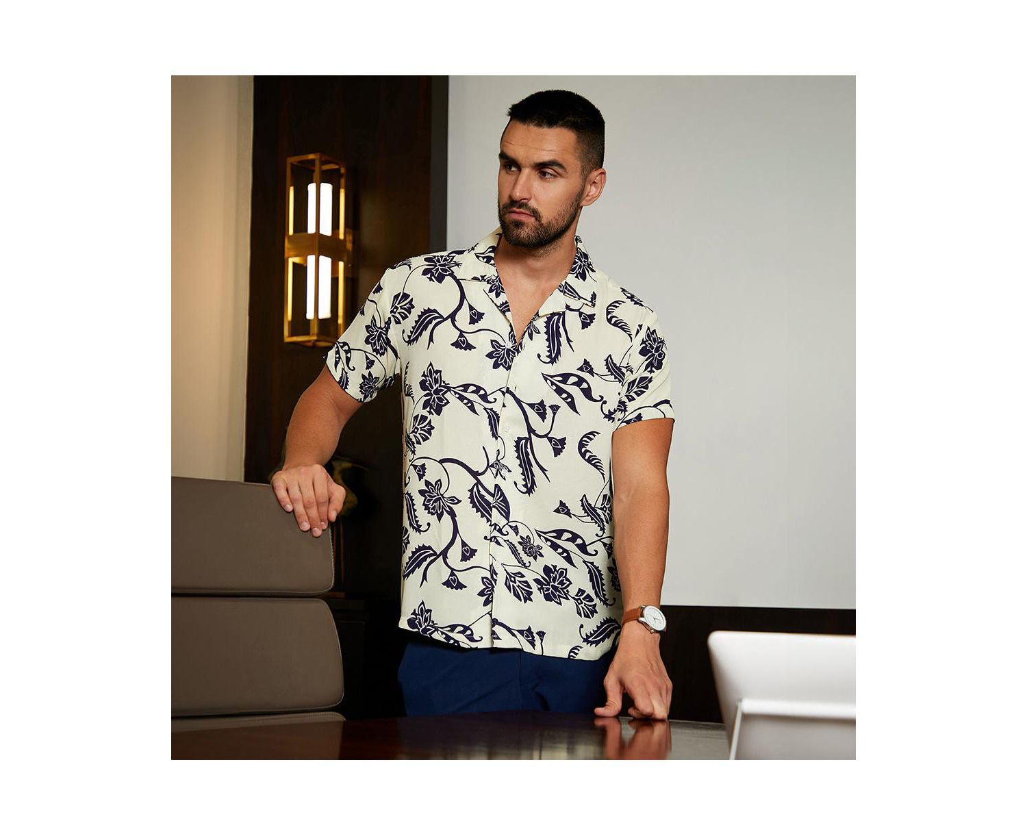 Men's Midnight Black & Ivory White Contrast Flower Shirt