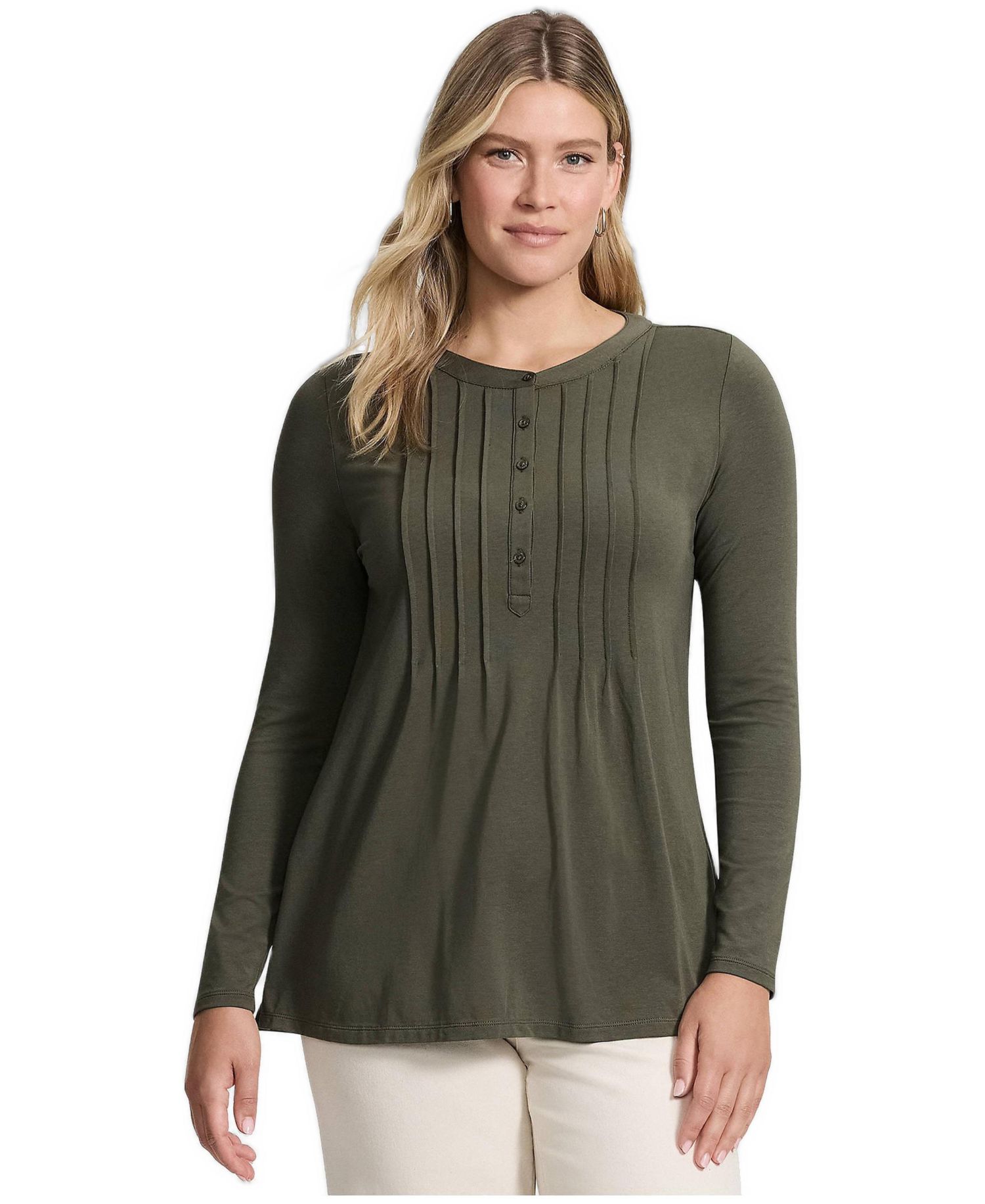 Women's Long-Sleeve Henley Pintuck Tunic