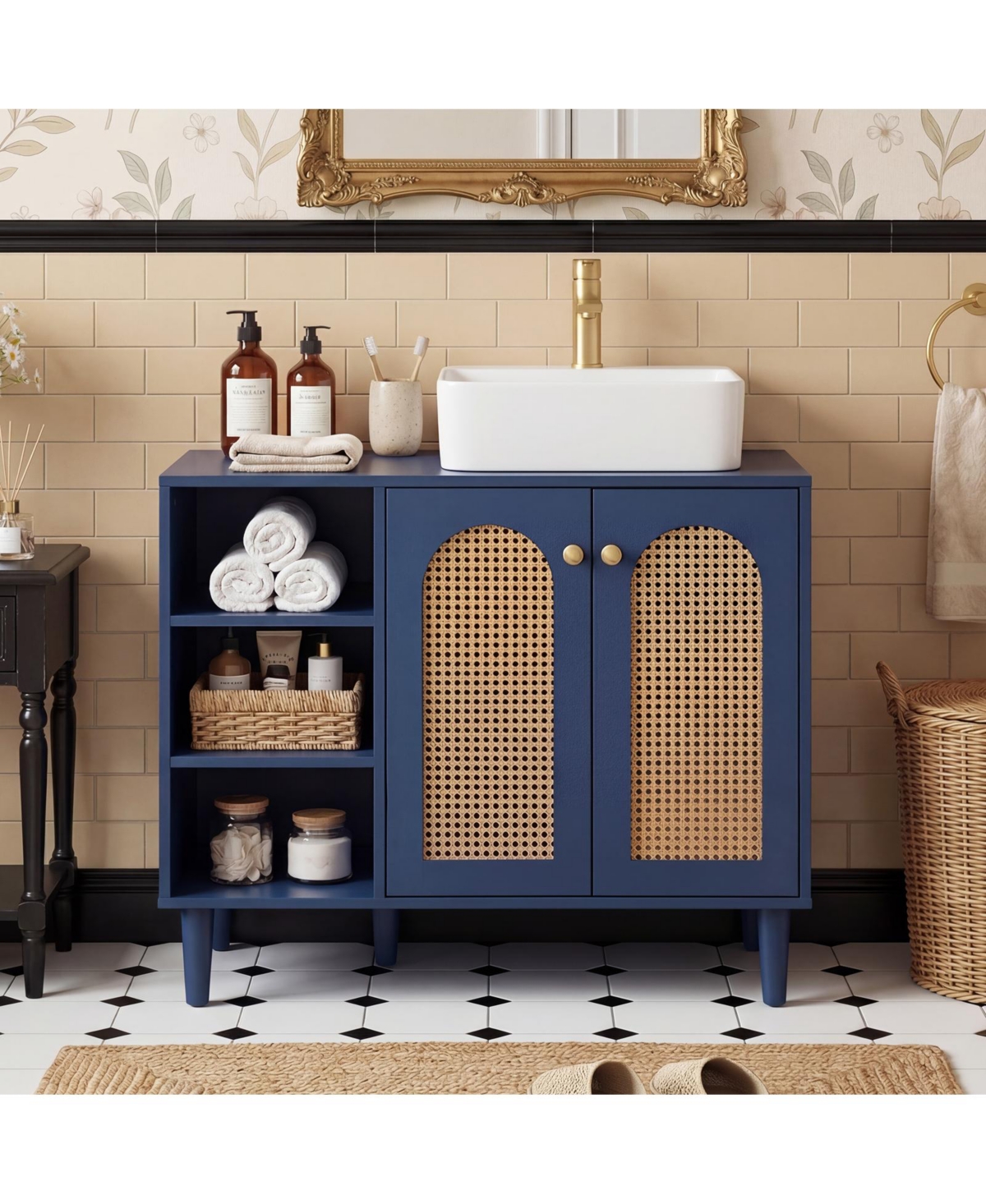Costway 36" Under Sink Cabinet, Boho Sink Base with Rattan Doors