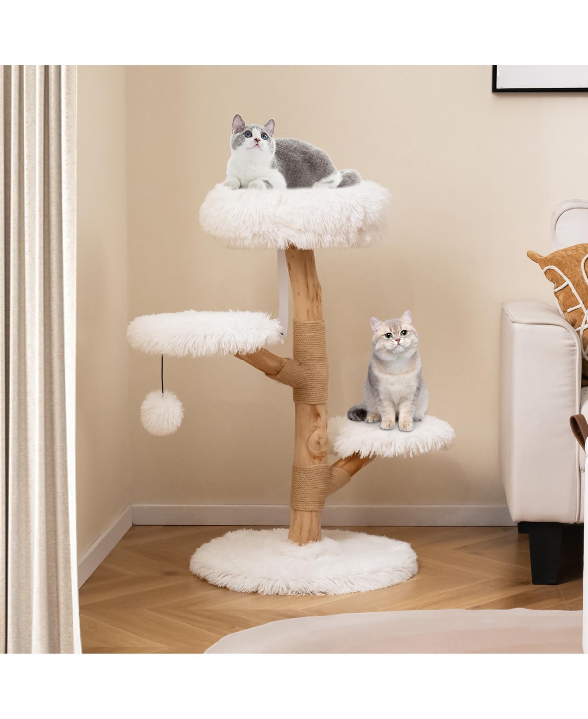 Costway Cat Tree with Perch,Jute Scratching Posts, Dangling Ball, Soft Long Plush