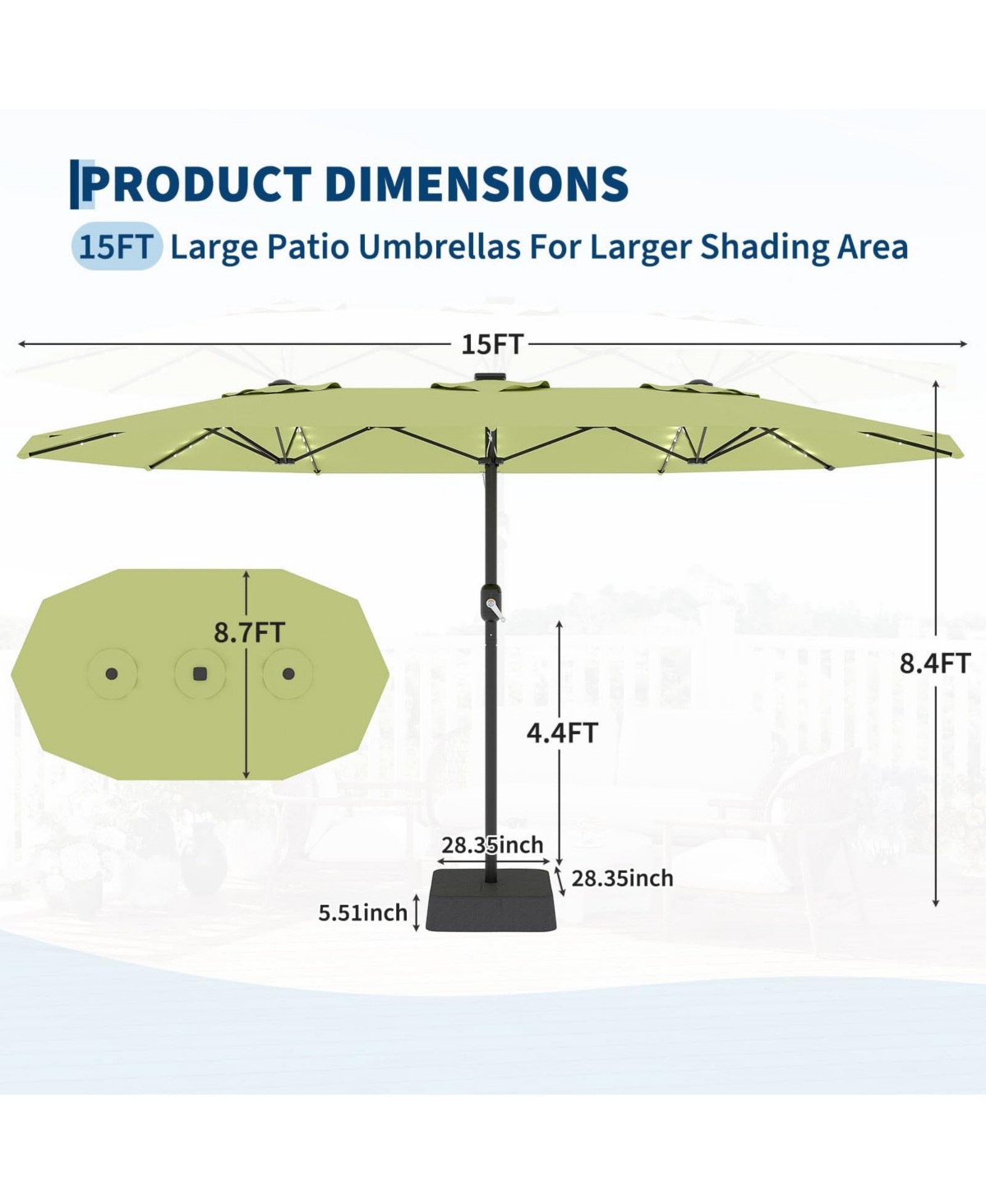 homfan 15 Patio Umbrella with Base Included, Solar Lights, 10 Ribs, Uv Protection and Waterproof Canopy for Garden