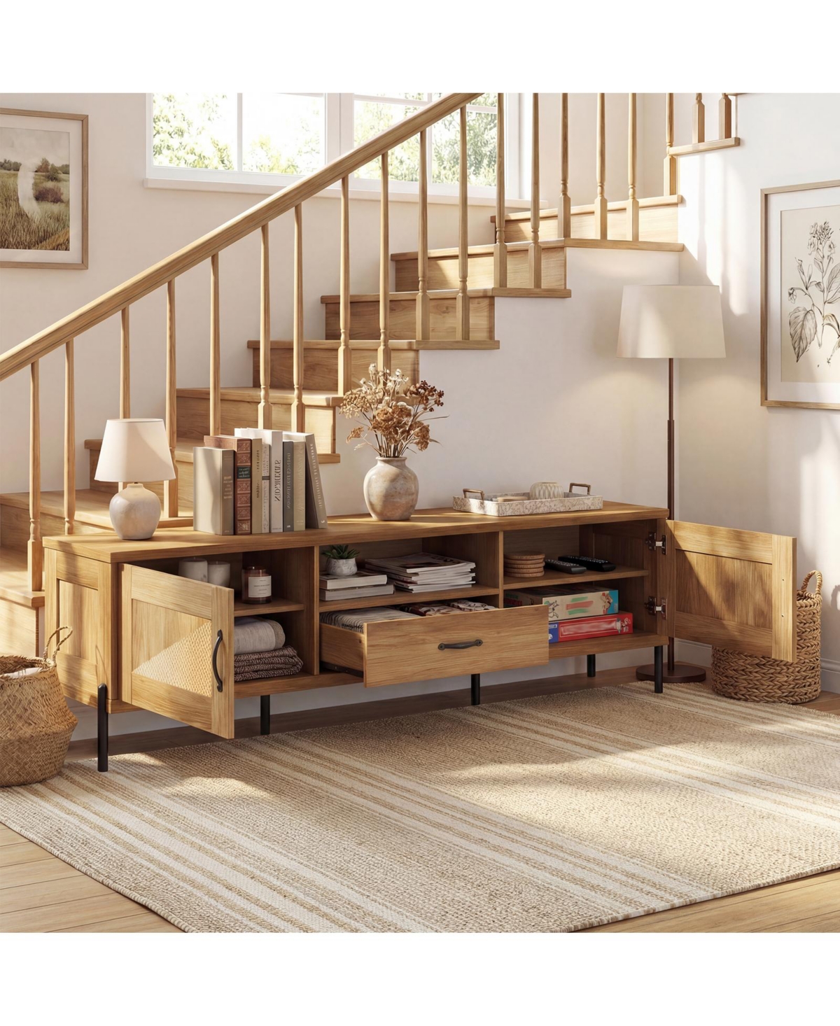 Costway Rattan Tv Stand for TVs with 2 Storage Cabinets, Open Shelf and Drawer