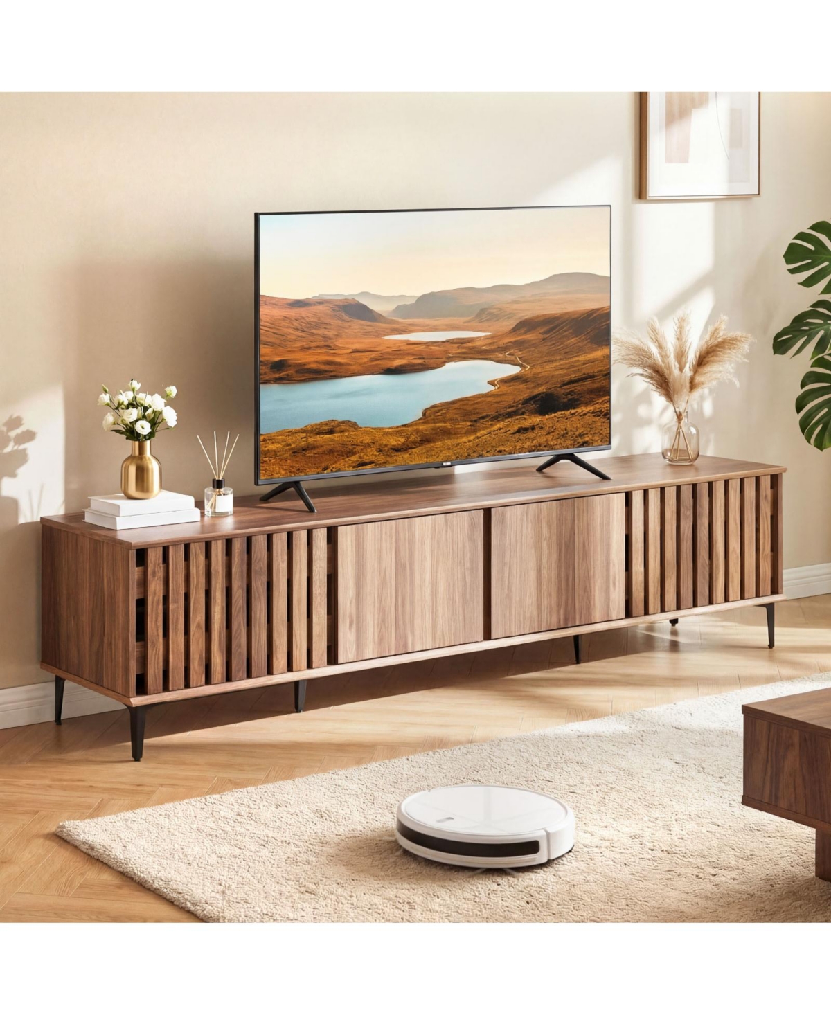 Costway 4-Door Tv Stand for 80 Inches TVs, Mid Century Modern Entertainment Center