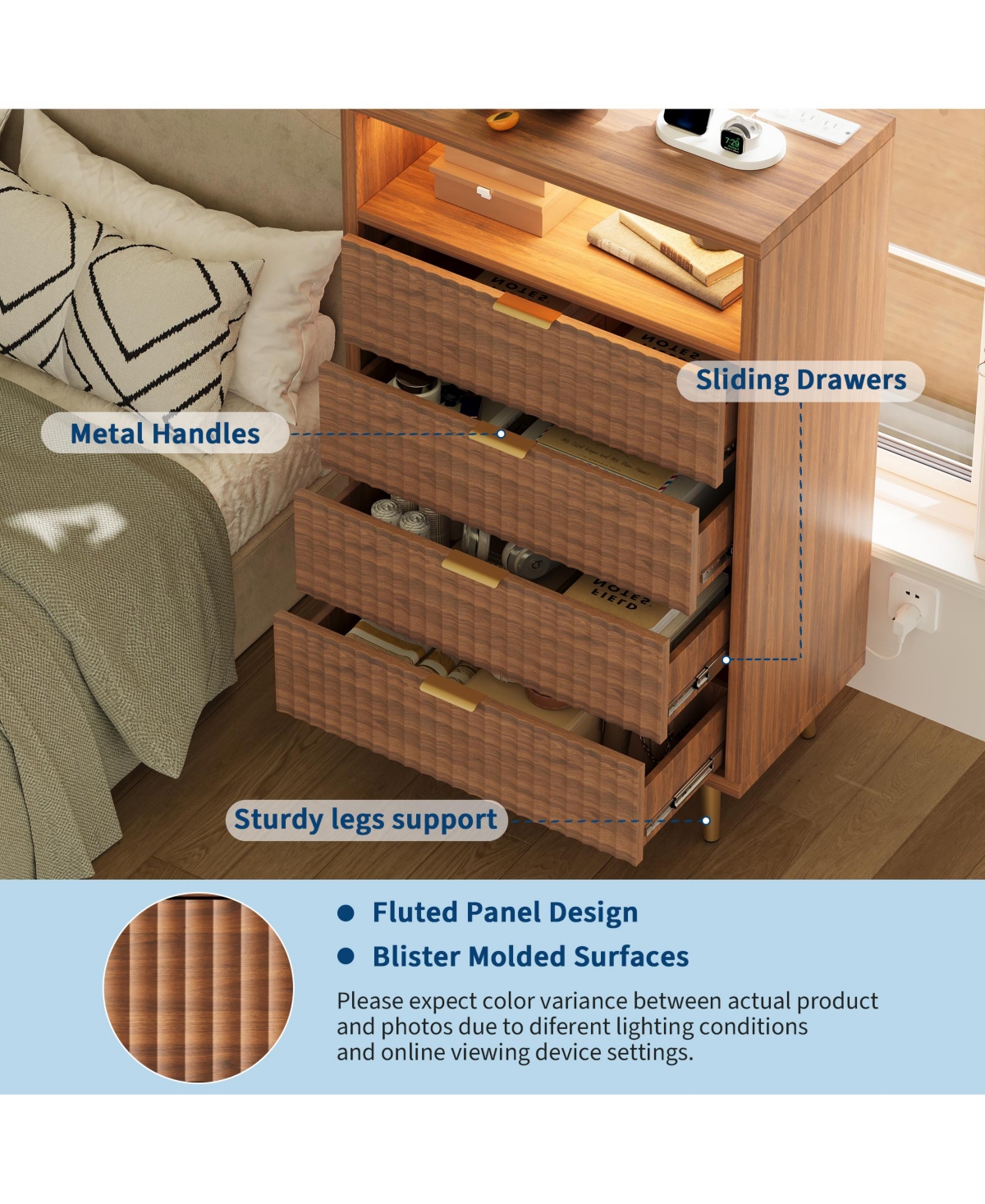 gaomon 4-Drawer Bedroom Dresser with Led Lights and Charging Station, Fluted Wood Chest of Drawers with Gold Handles and Open Shelf, Modern Tv Stand