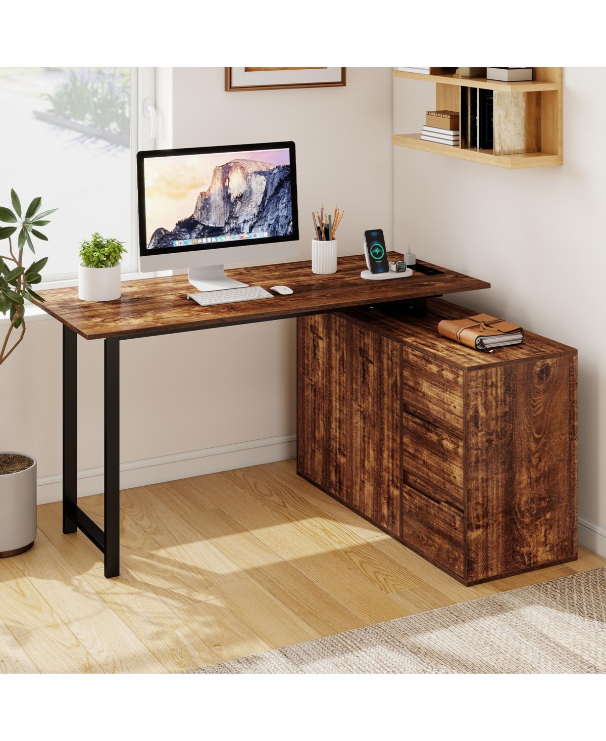 Costway 54.5" L-Shaped Computer Desk with File Cabinet, 3 Drawers and Charging Station - Brown