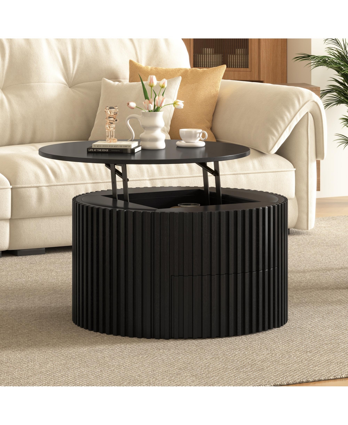Flynama Round Lift Top Coffee Table, Fluted Wood Accent Table with Hidden Storage and Drawer, Solid Wood and Mdf